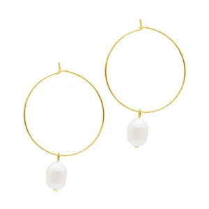14k Gold Plated Freshwater Pearl Wire 1.5" Hoop Earrings