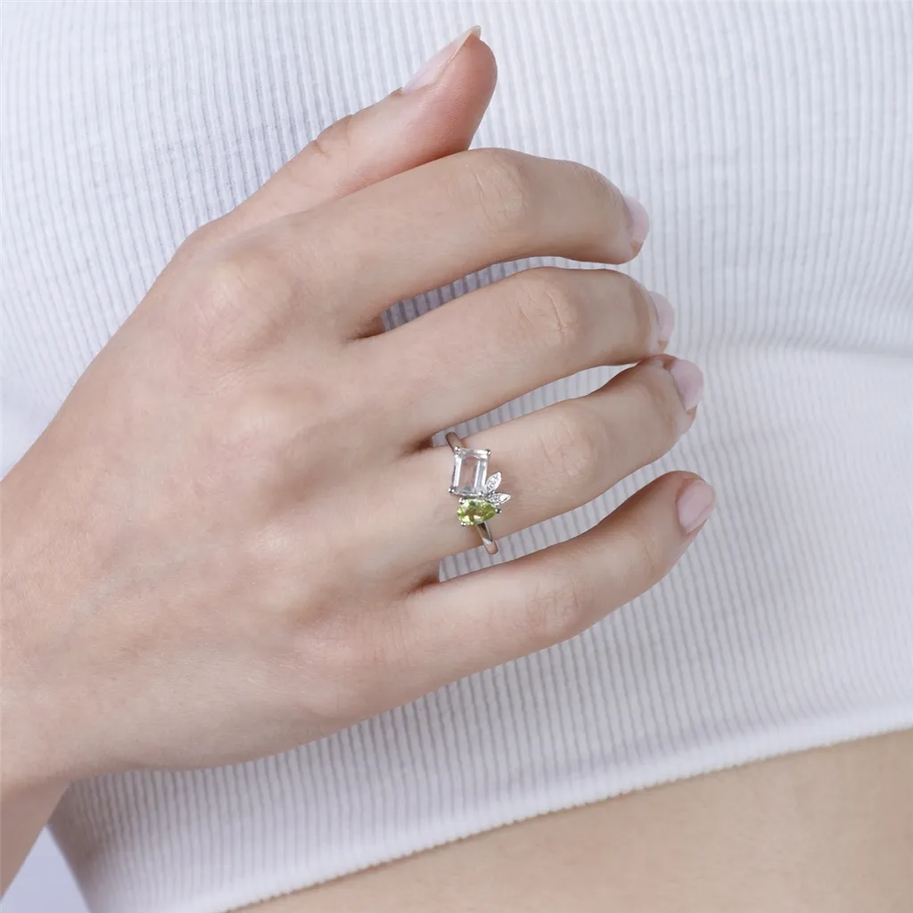 14K White Gold Peridot, White Topaz And Diamond Toi Et Moi Ring