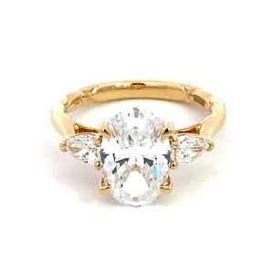 14K Yellow Gold Three Stone Oval Natural Diamonds Engagement Ring