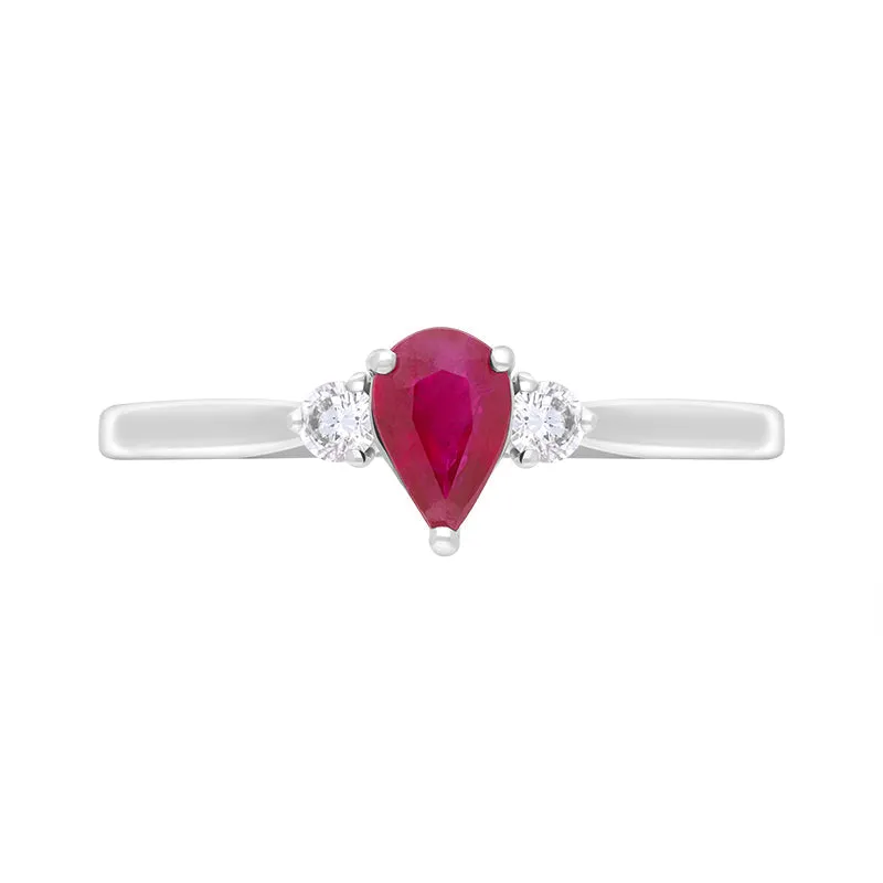 18ct White Gold Ruby Diamond Pear Cut Three Stone Ring