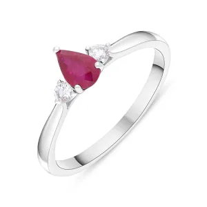 18ct White Gold Ruby Diamond Pear Cut Three Stone Ring