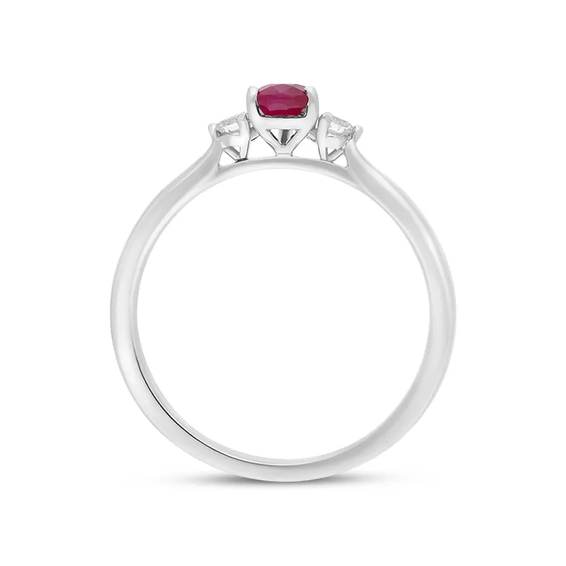 18ct White Gold Ruby Diamond Pear Cut Three Stone Ring