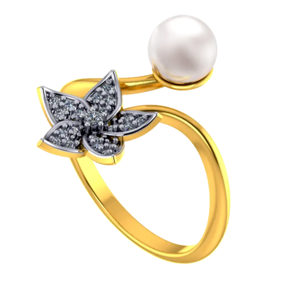 22k Gold Ring With A Pearl And Floral Design Adorned With Stones