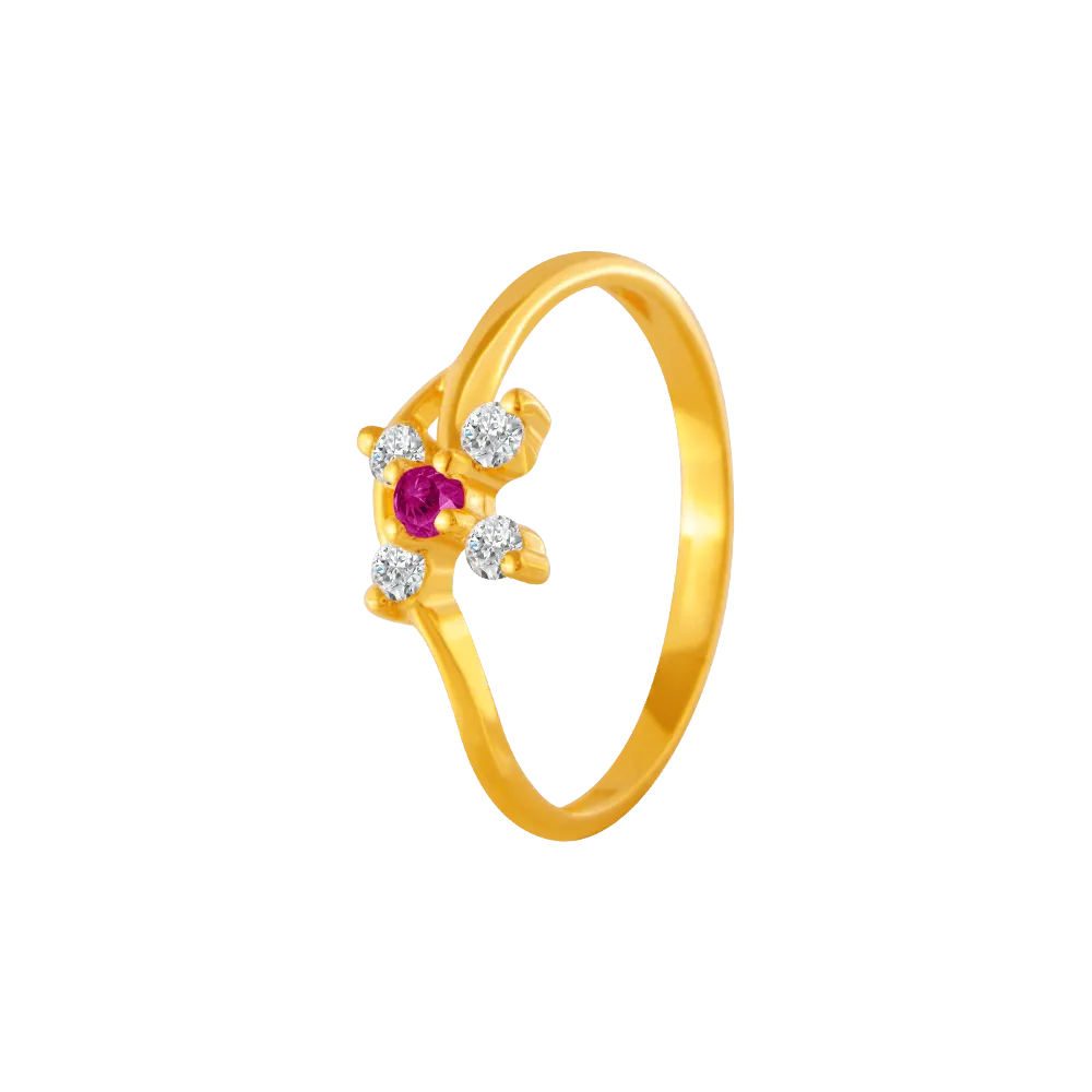 22KT Yellow Gold, American Diamond And Ruby Ring For Women