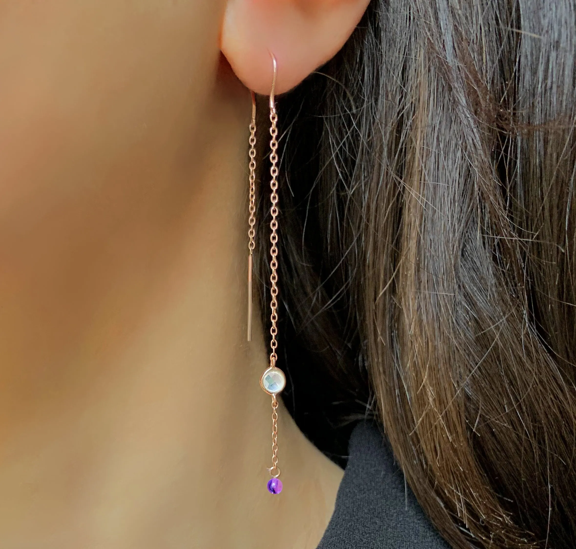 925 Silver earrings gilded with 18k rose gold assembled with Amethyst and Rose Quartz