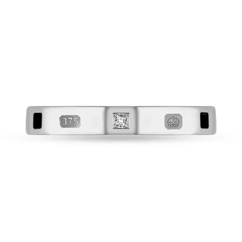 9ct White Gold 0.05ct Diamond Whitby Jet King's Coronation Hallmark Princess Cut 3mm Ring D