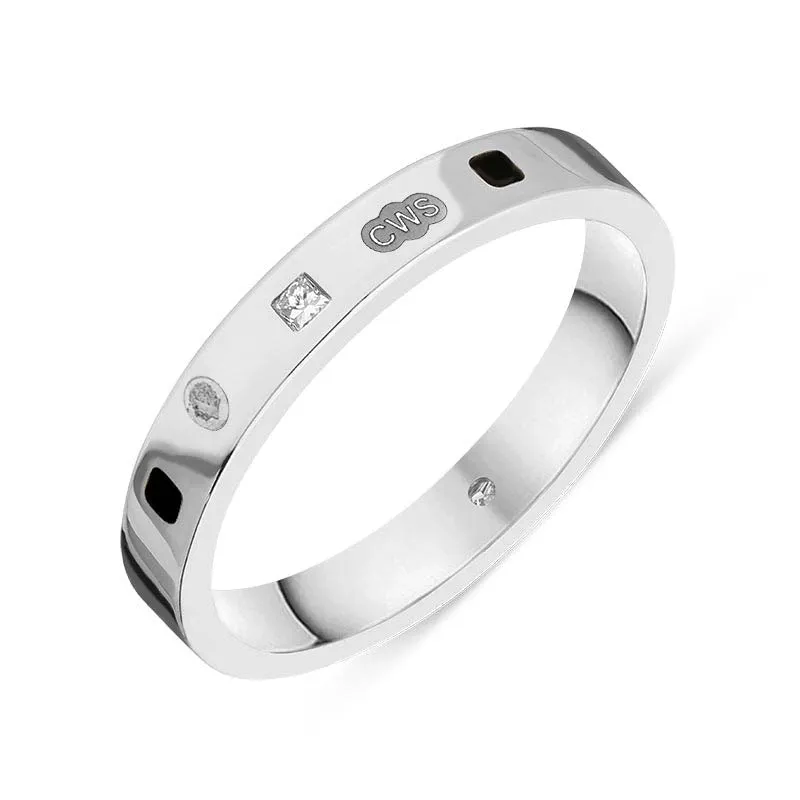 9ct White Gold 0.05ct Diamond Whitby Jet King's Coronation Hallmark Princess Cut 3mm Ring D