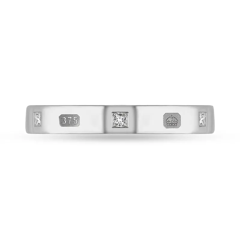 9ct White Gold 0.09ct Diamond King's Coronation Hallmark Princess Cut 3mm Ring D