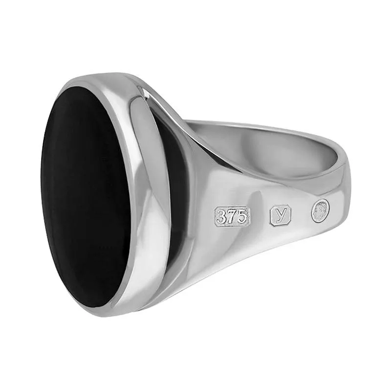 9ct White Gold Whitby Jet King's Coronation Hallmark Small Round Ring D