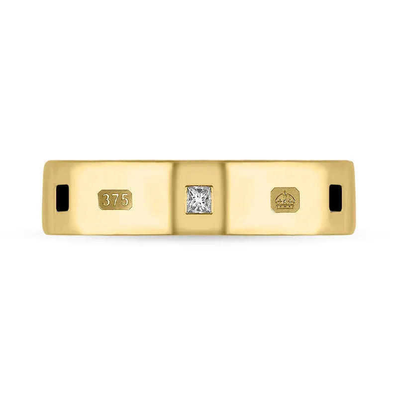 9ct Yellow Gold 0.12ct Diamond Whitby Jet King's Coronation Hallmark Princess Cut 5mm Ring D