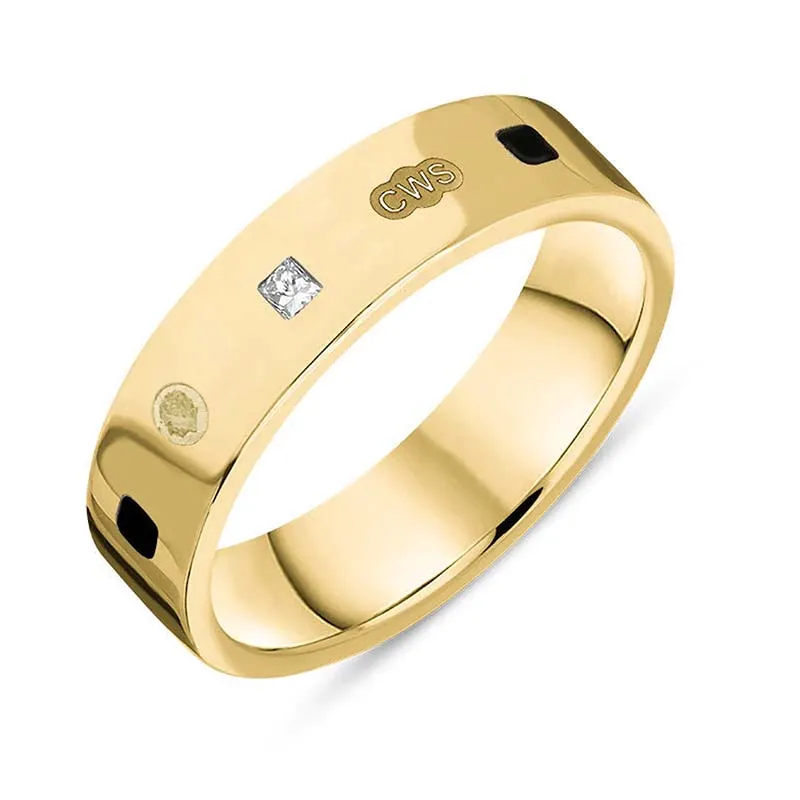 9ct Yellow Gold 0.12ct Diamond Whitby Jet King's Coronation Hallmark Princess Cut 5mm Ring D
