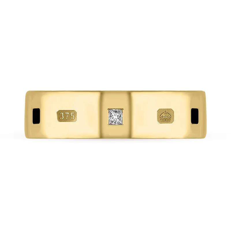 9ct Yellow Gold 0.18ct Diamond Whitby Jet King's Coronation Hallmark Princess Cut 6mm Ring D