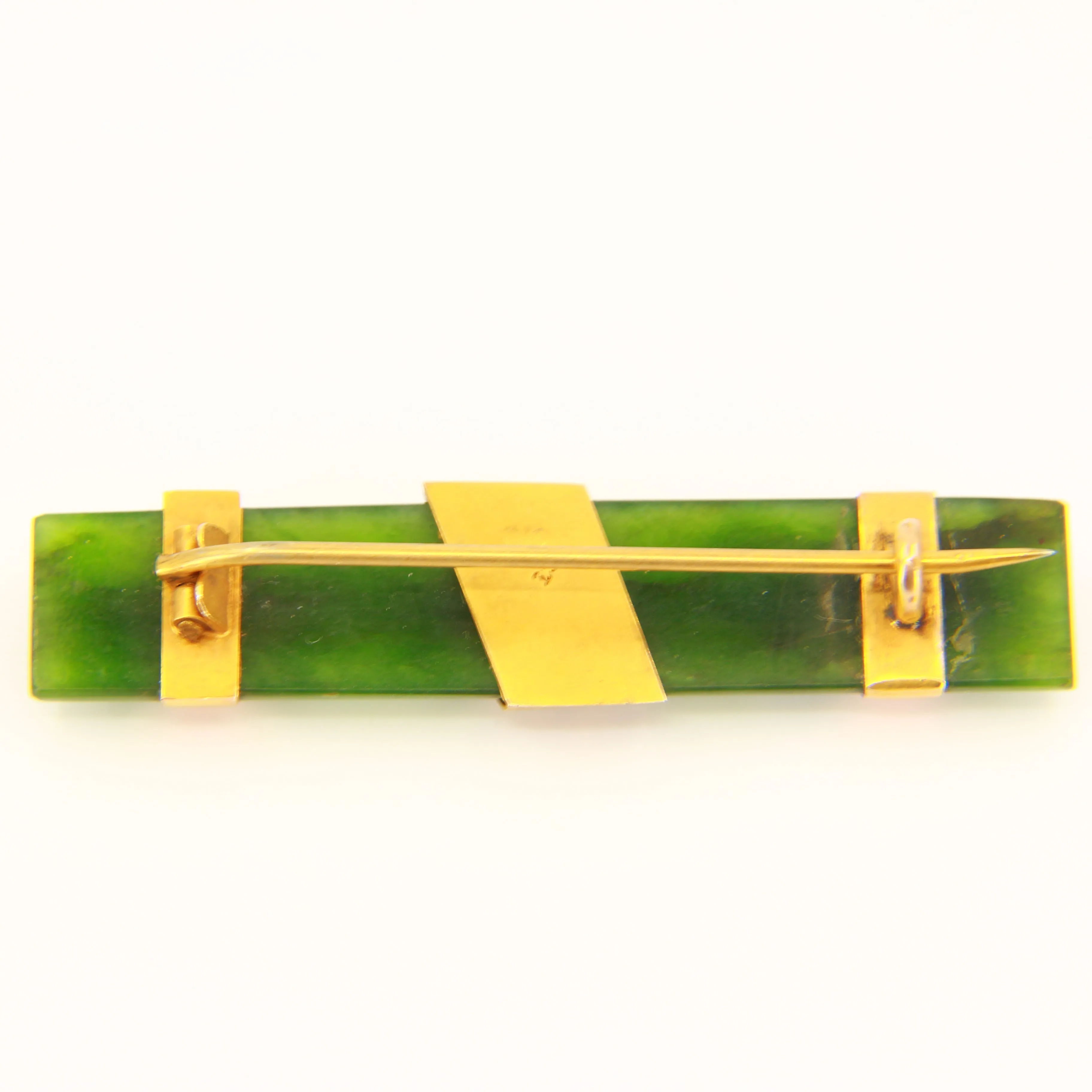Antique 9ct Flower New Zealand Nephrite Jade Bar Brooch 9 Carat Gold Mounted