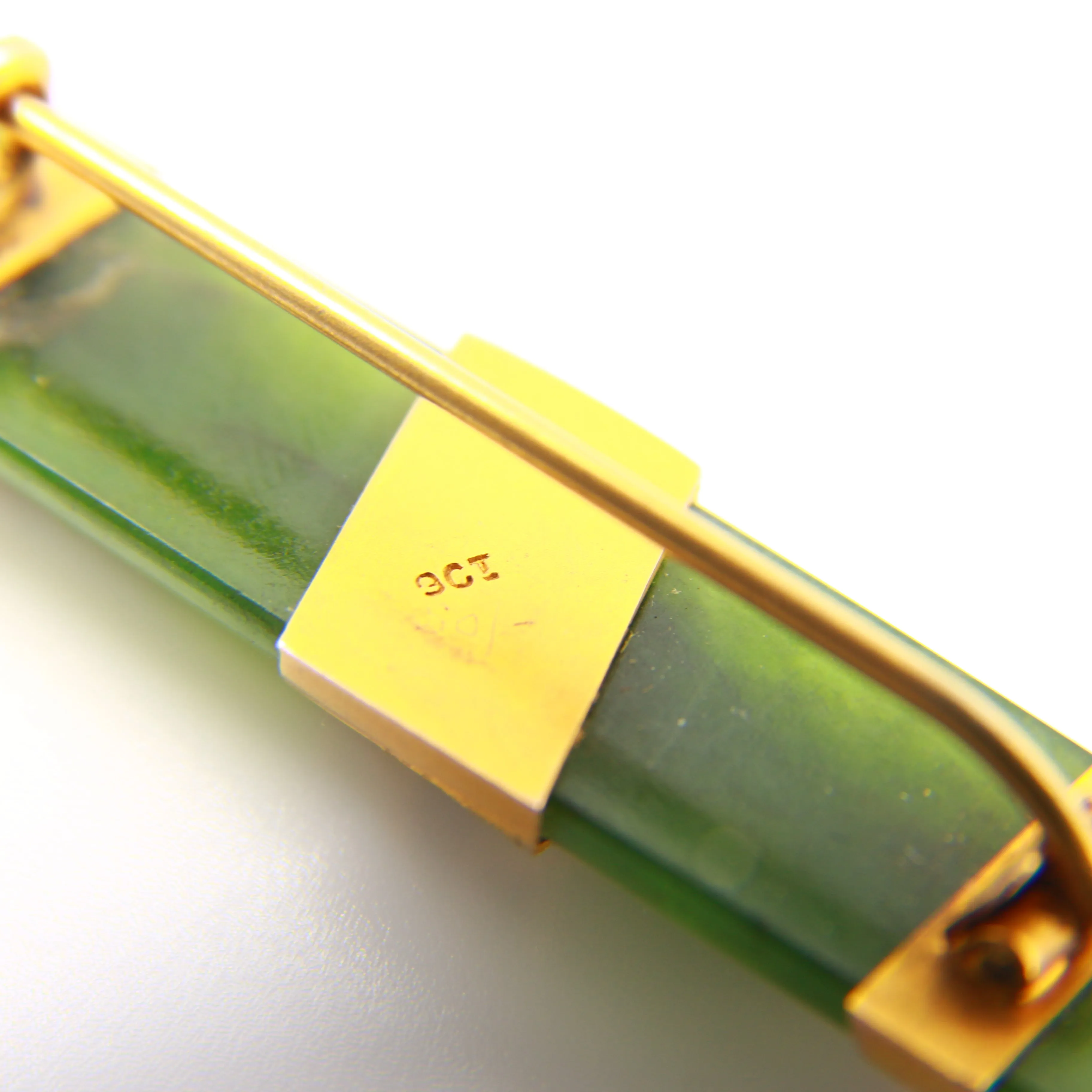 Antique 9ct Flower New Zealand Nephrite Jade Bar Brooch 9 Carat Gold Mounted