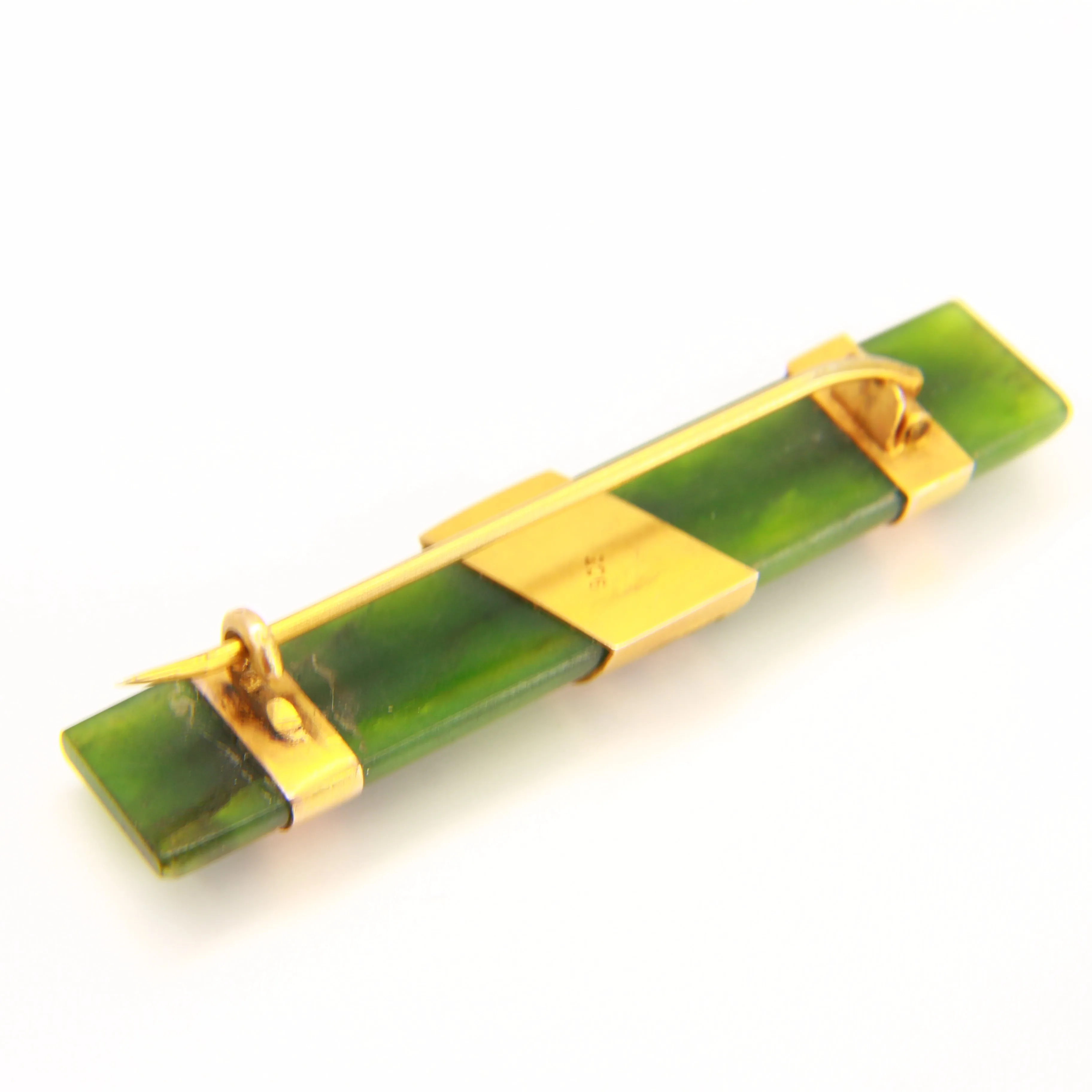 Antique 9ct Flower New Zealand Nephrite Jade Bar Brooch 9 Carat Gold Mounted