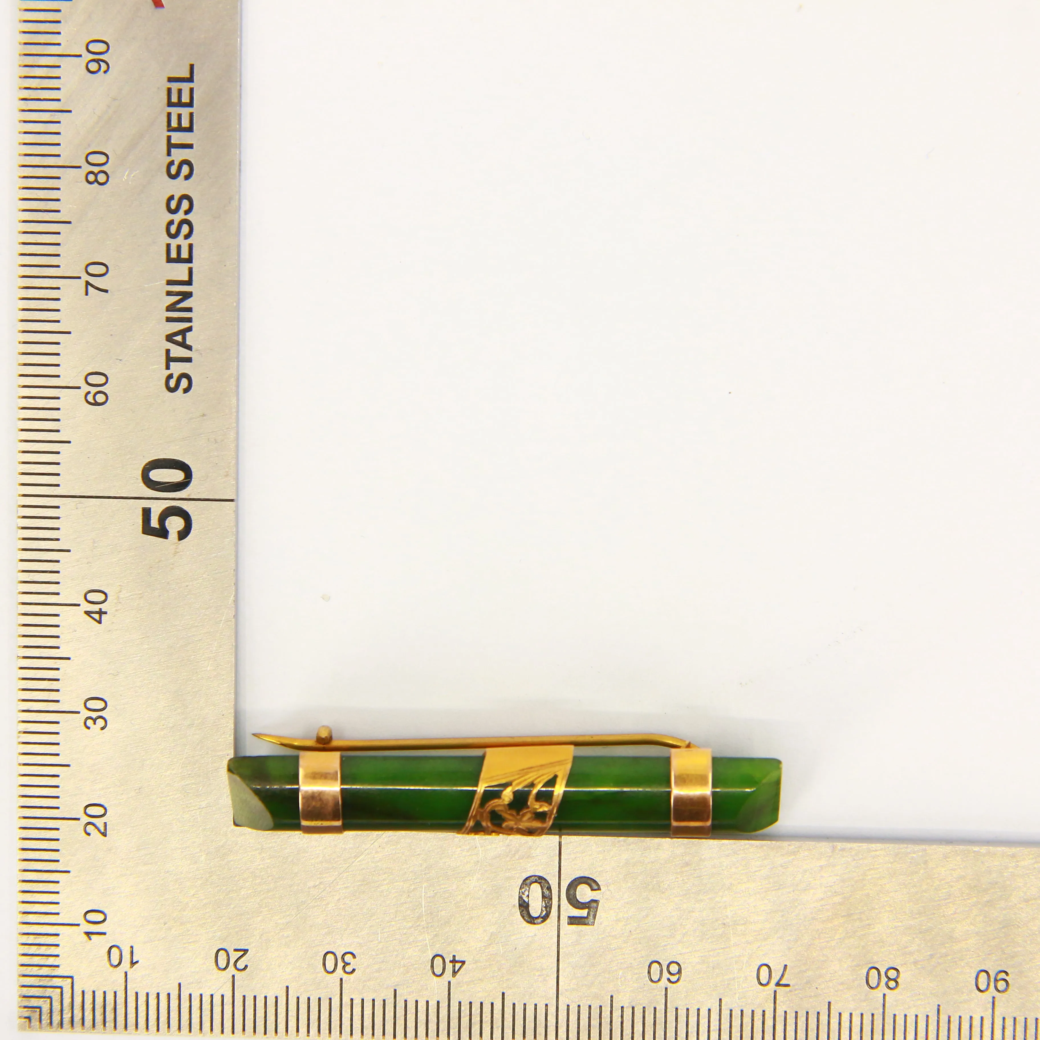 Antique 9ct Flower New Zealand Nephrite Jade Bar Brooch 9 Carat Gold Mounted