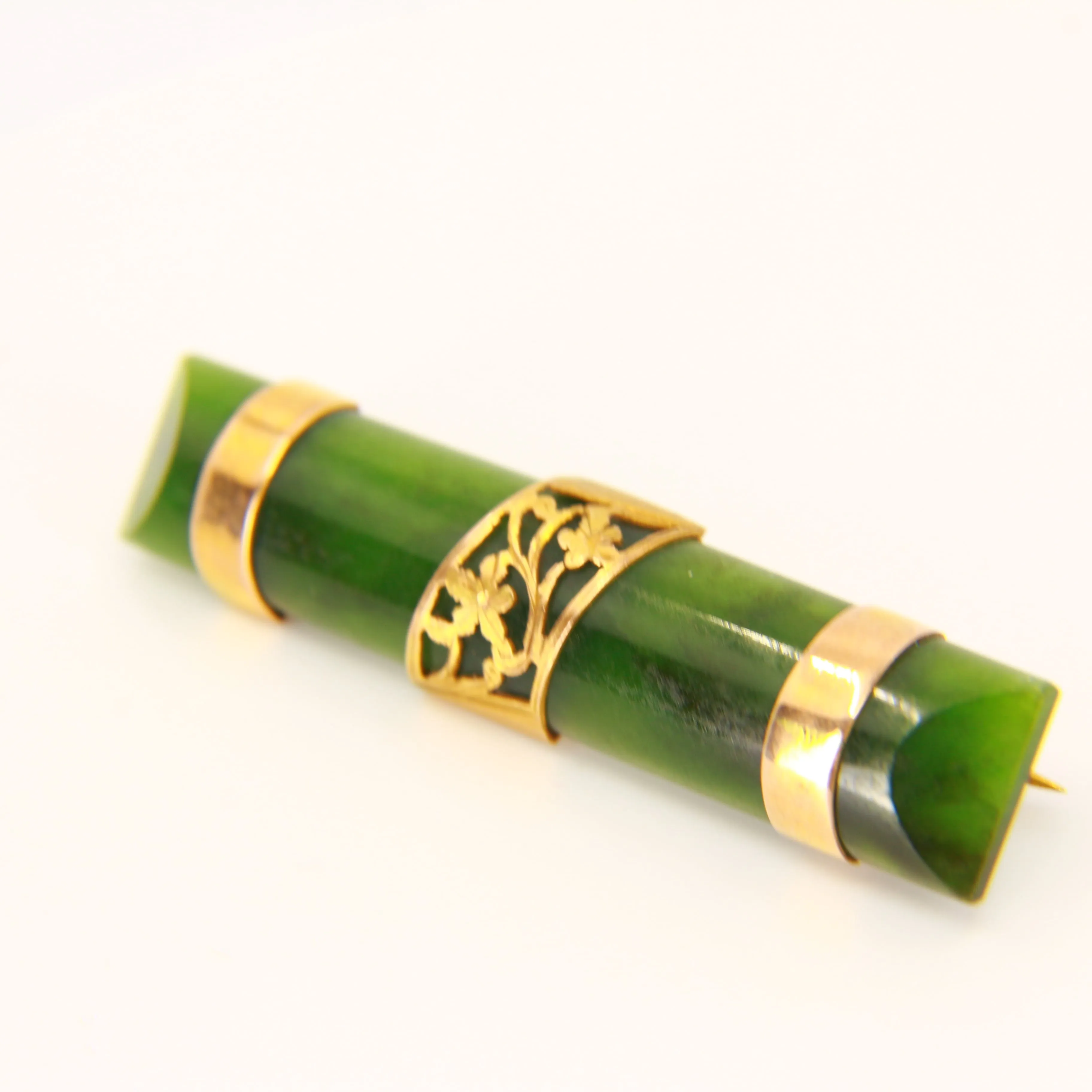 Antique 9ct Flower New Zealand Nephrite Jade Bar Brooch 9 Carat Gold Mounted