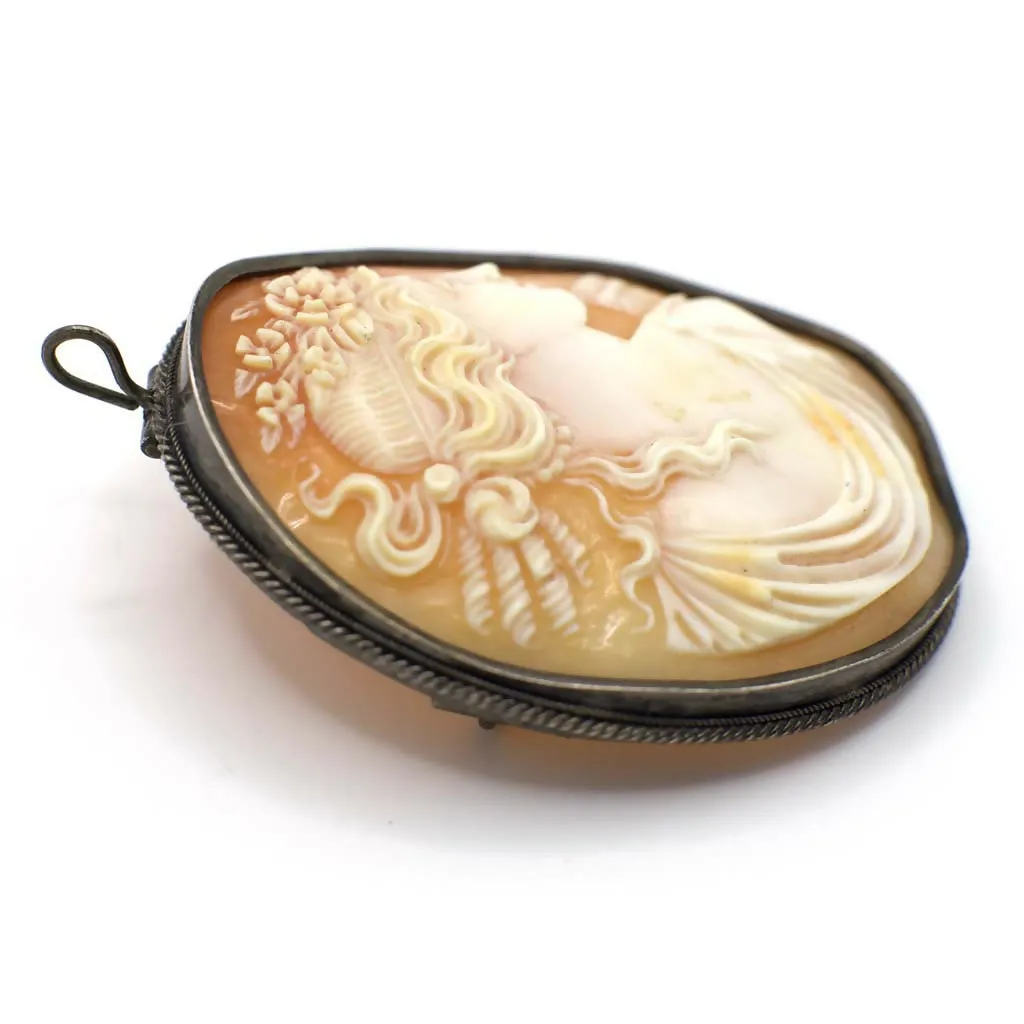Antique Victorian Warrior Genuine Hand Carved Shell Cameo/ Pendant In Sterling Silver