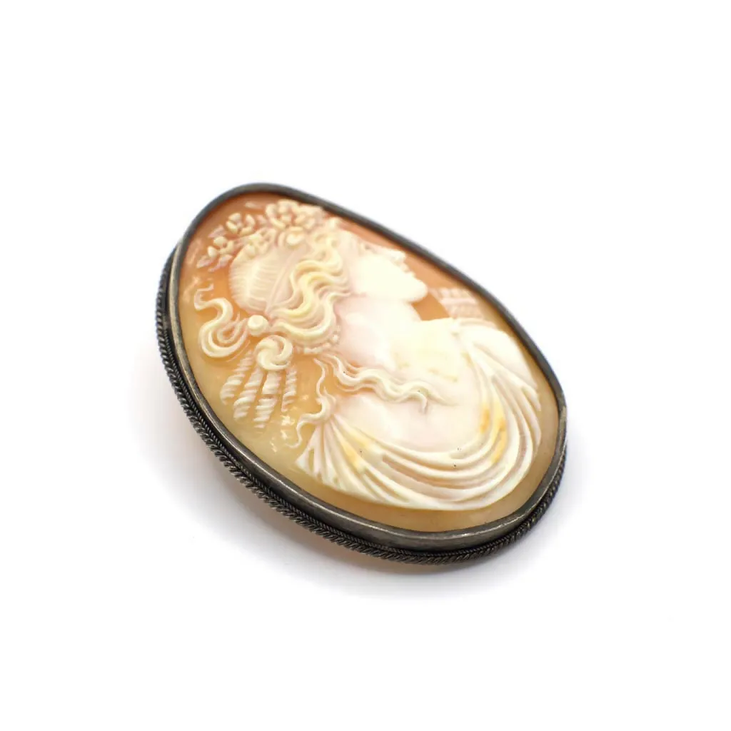 Antique Victorian Warrior Genuine Hand Carved Shell Cameo/ Pendant In Sterling Silver