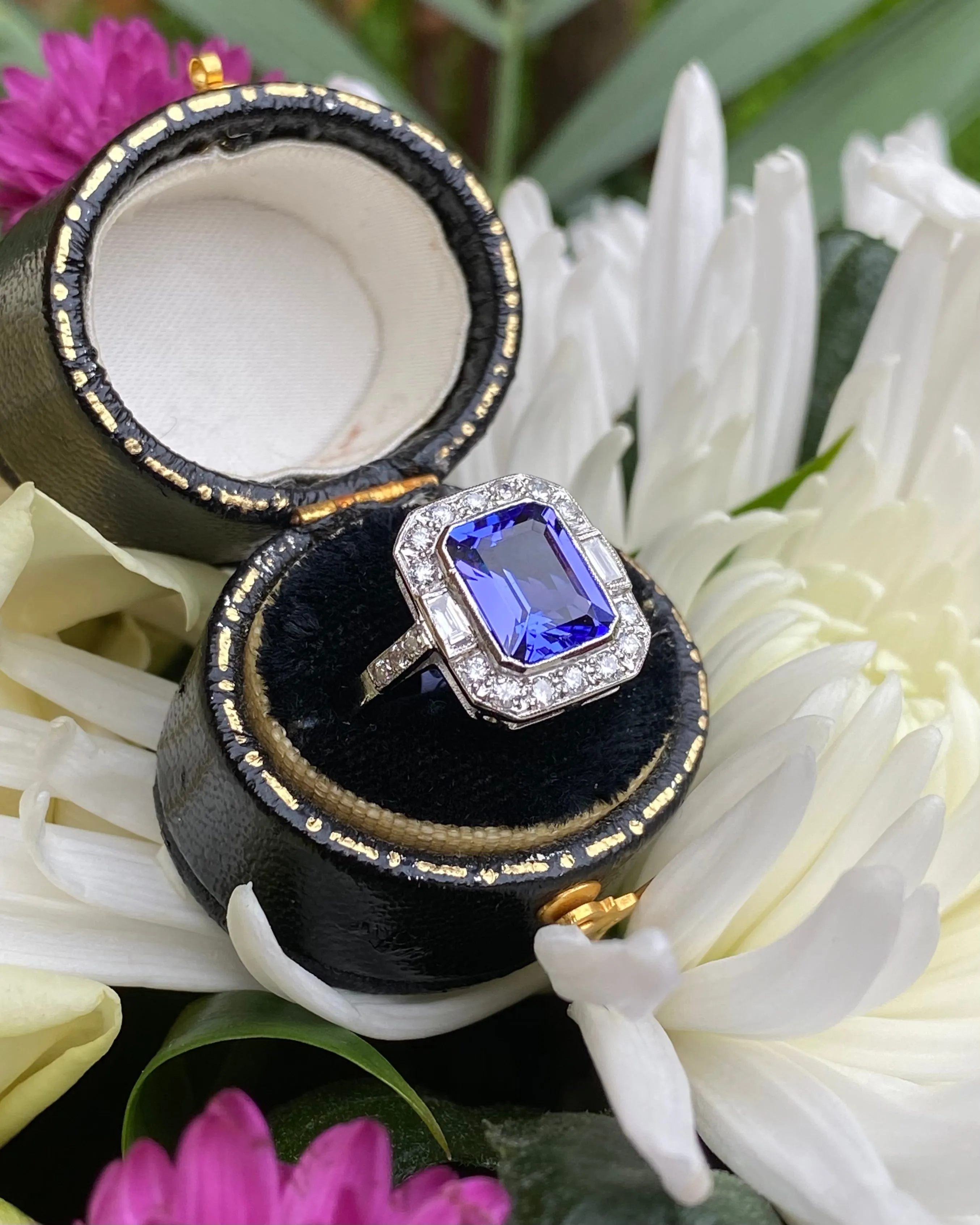 Art Deco Tanzanite and Diamond Platinum Ring 0.45ct   2.10ct