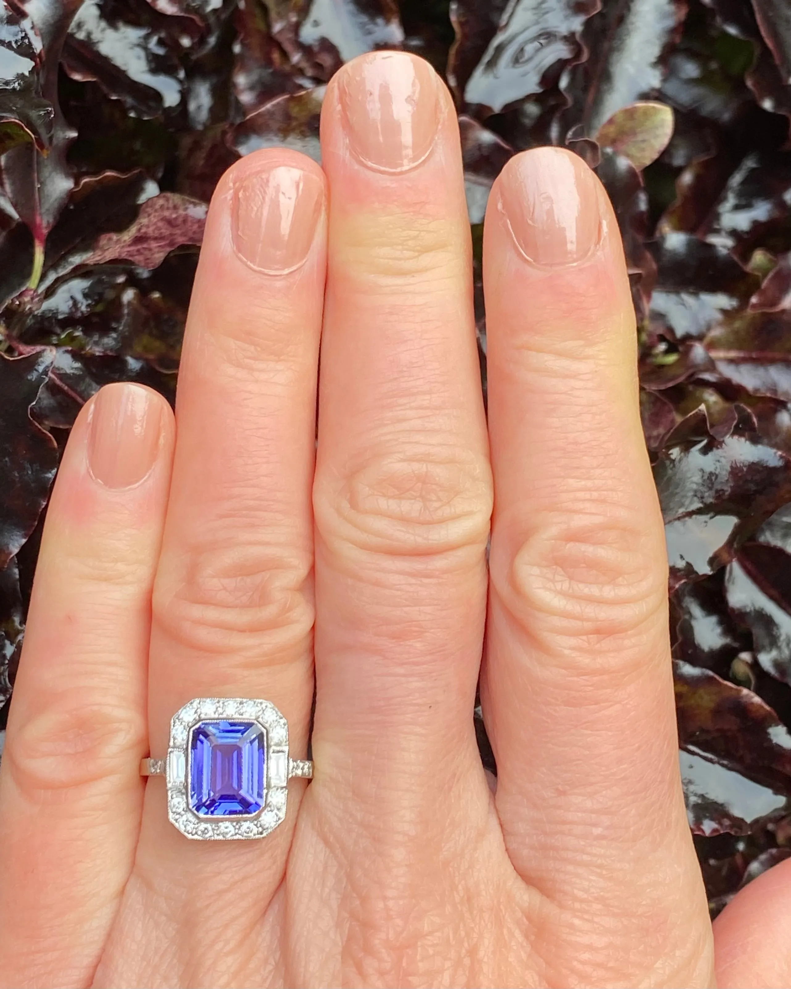 Art Deco Tanzanite and Diamond Platinum Ring 0.45ct   2.10ct