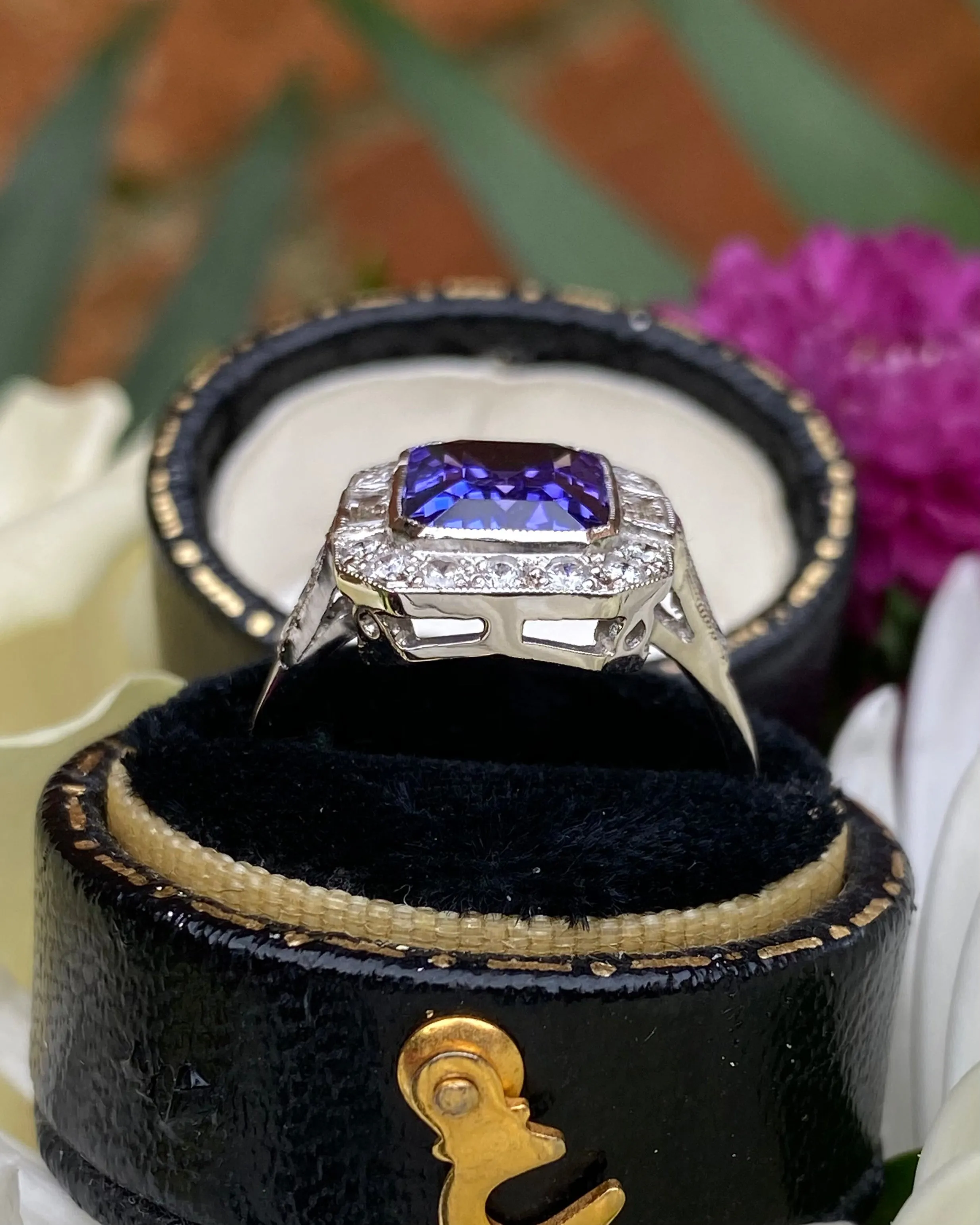 Art Deco Tanzanite and Diamond Platinum Ring 0.45ct   2.10ct
