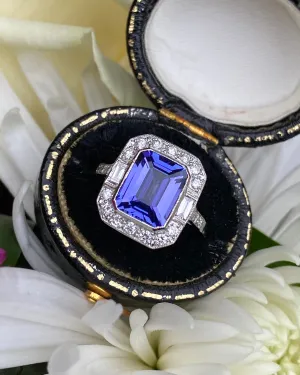 Art Deco Tanzanite and Diamond Platinum Ring 0.45ct   2.10ct