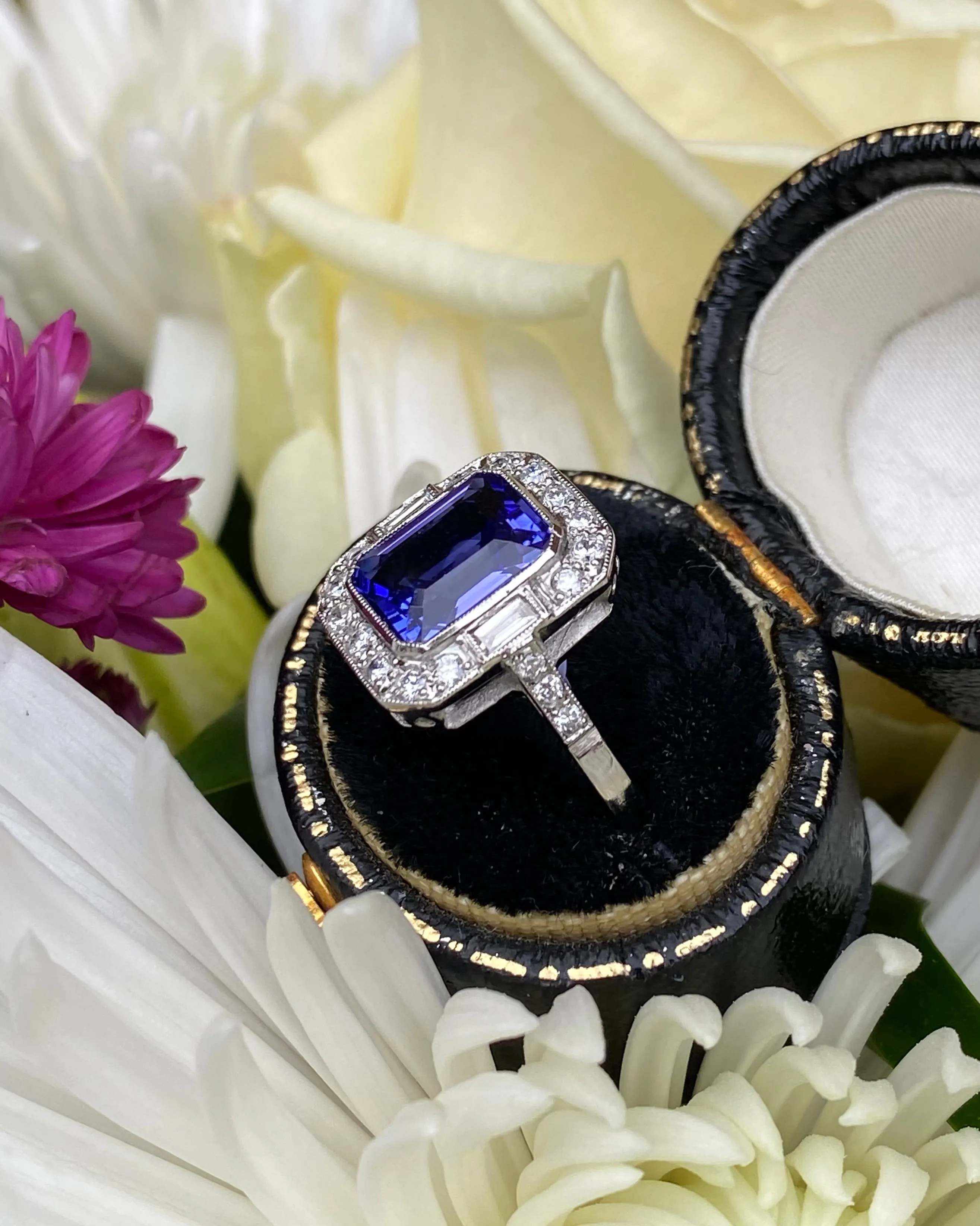 Art Deco Tanzanite and Diamond Platinum Ring 0.45ct   2.10ct