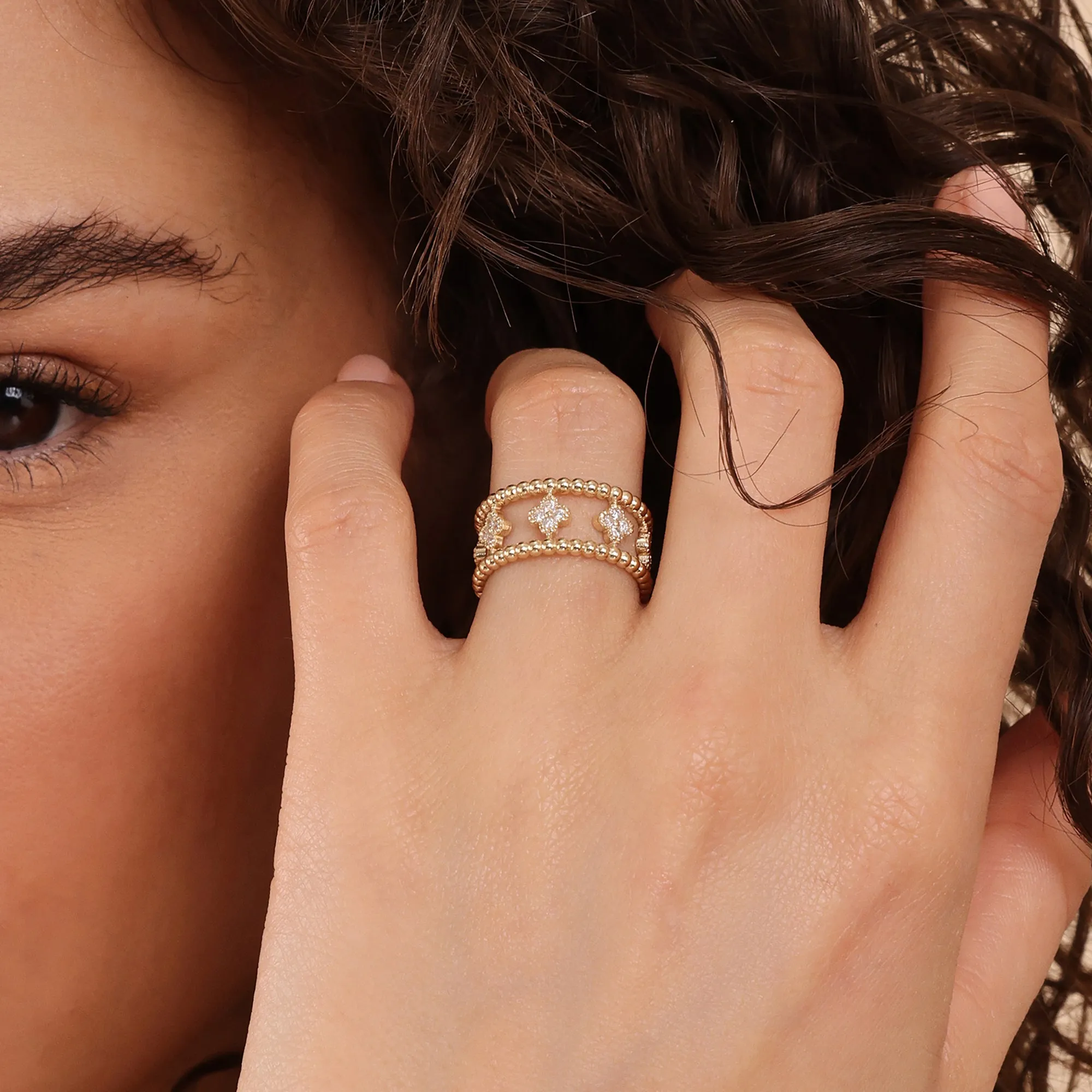 Beaded Design Diamond Clover Ring, Zada