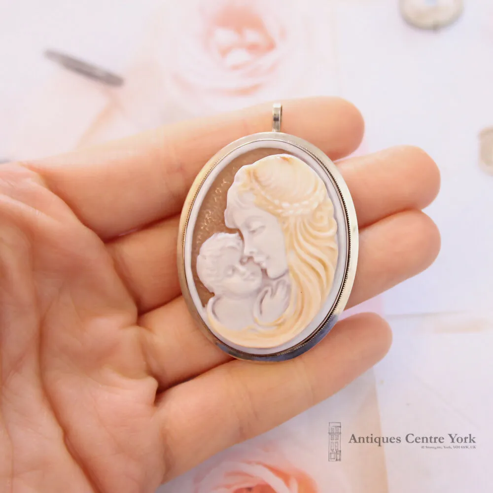 Bimonte Italian Silver Hand Carved Mother & Child Cameo Brooch/Pendant