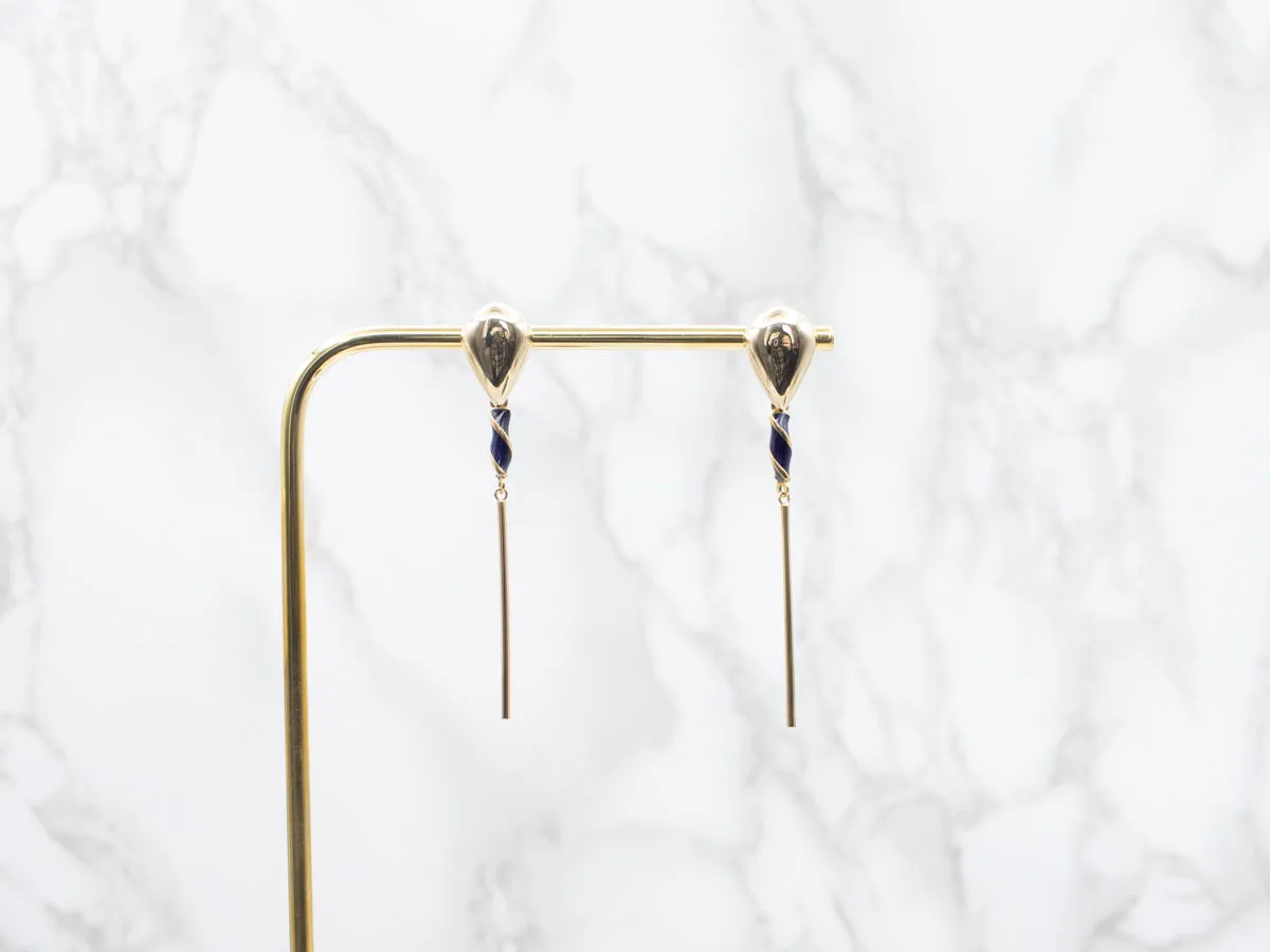Blue Enamel Swirl Accented Bar Drop Earrings, Long Contemporary Drops