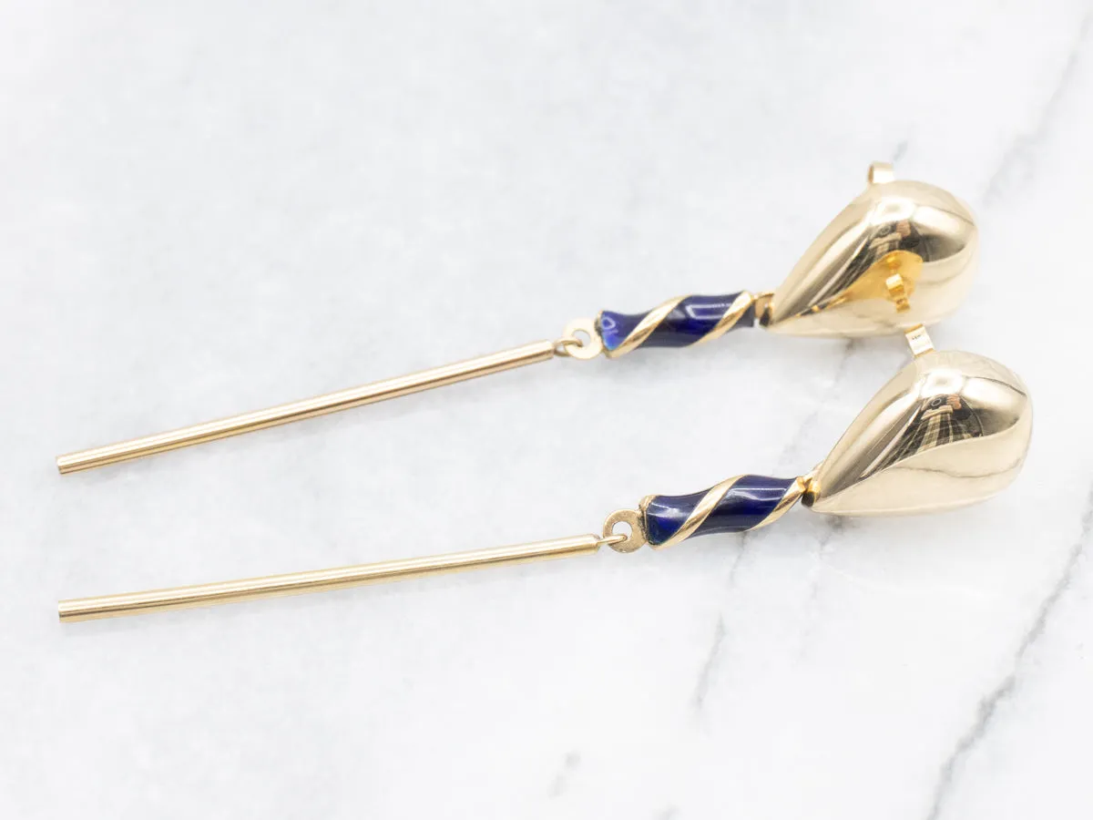 Blue Enamel Swirl Accented Bar Drop Earrings, Long Contemporary Drops