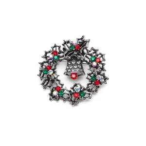 Christmas Wreath Brooch with Red and Green Crystals