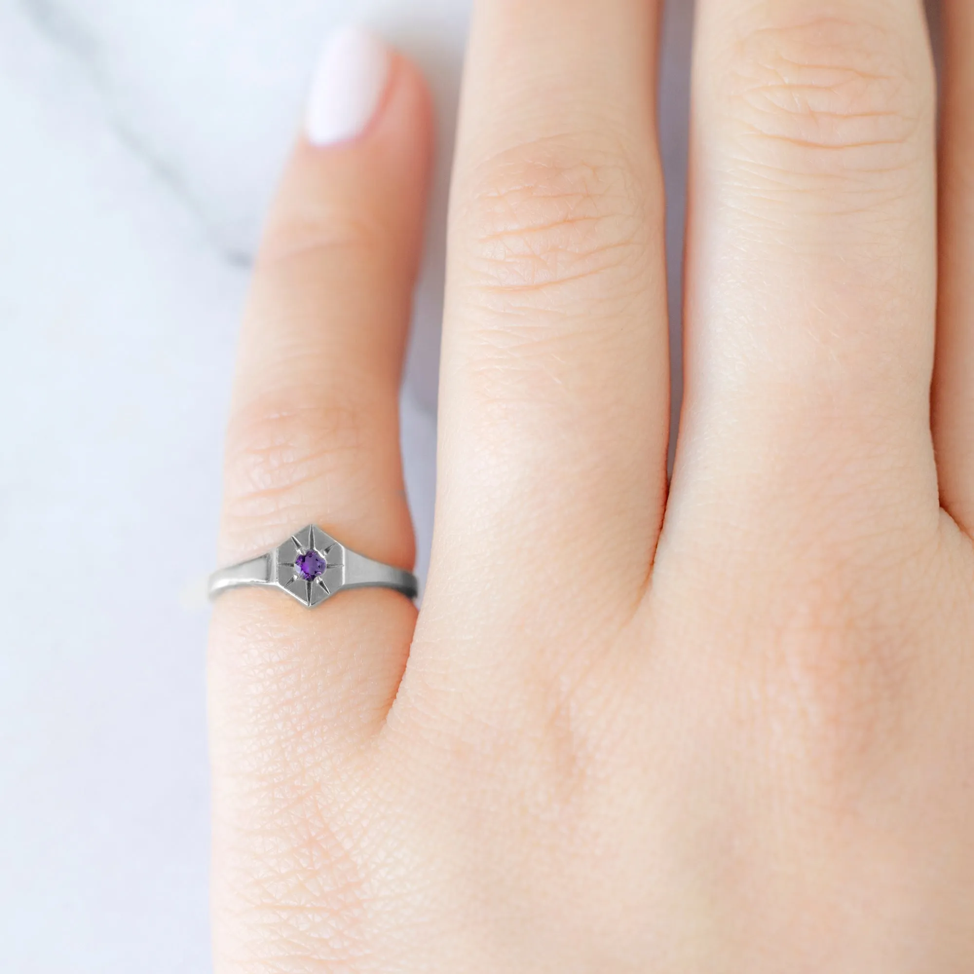 Custom Amethyst Birthstone Signet Ring | Yellow Gold
