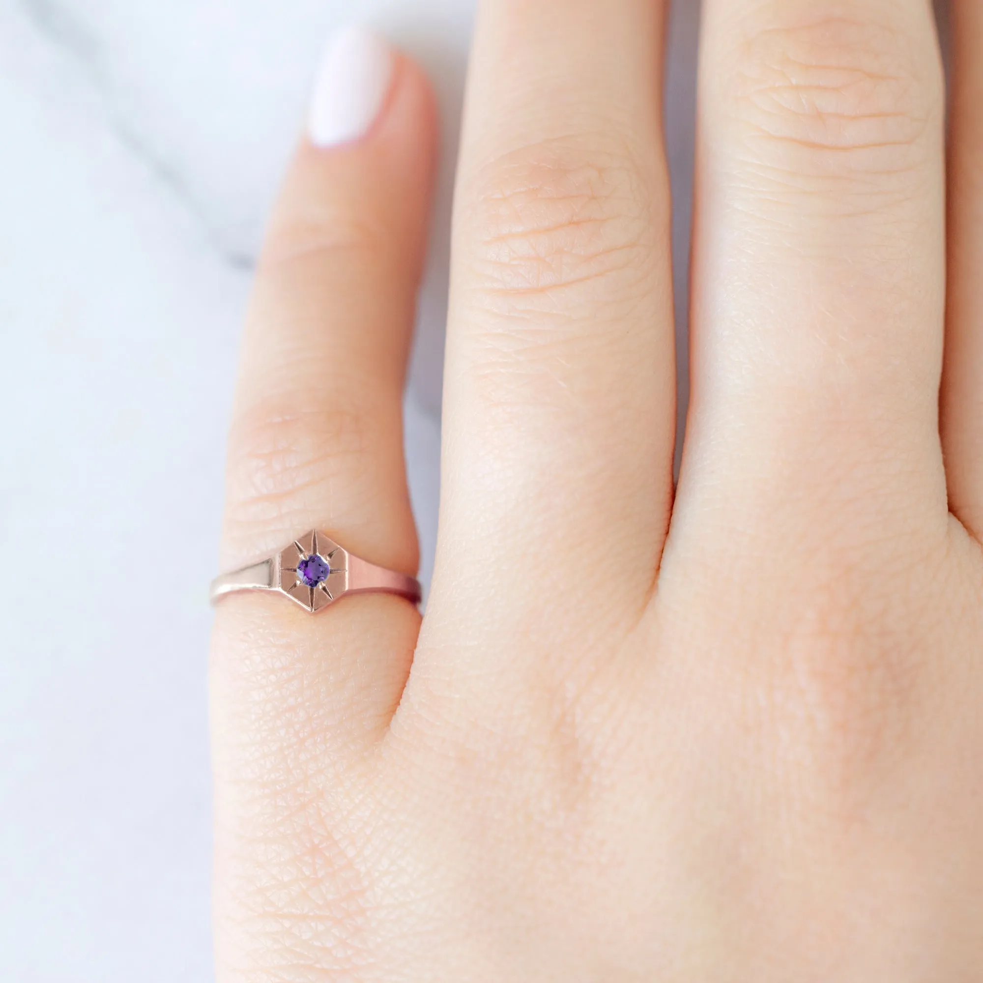 Custom Amethyst Birthstone Signet Ring | Yellow Gold