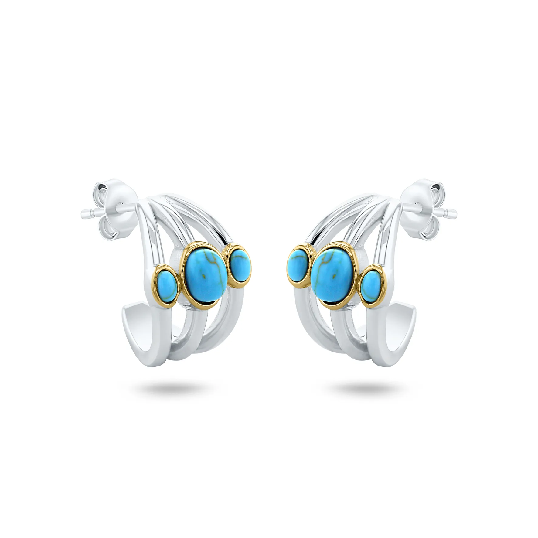 Earrings in 925 Silver plated Silver and 18k Yellow Gold assembled with Turquoise