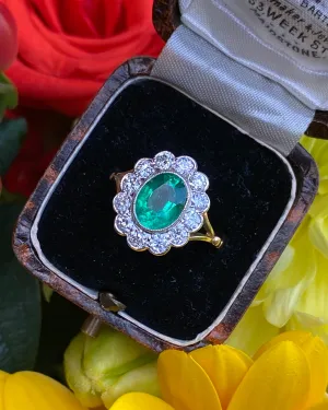Emerald and Diamond Cluster 18ct Yellow Gold Ring 0.80ct   1.60ct