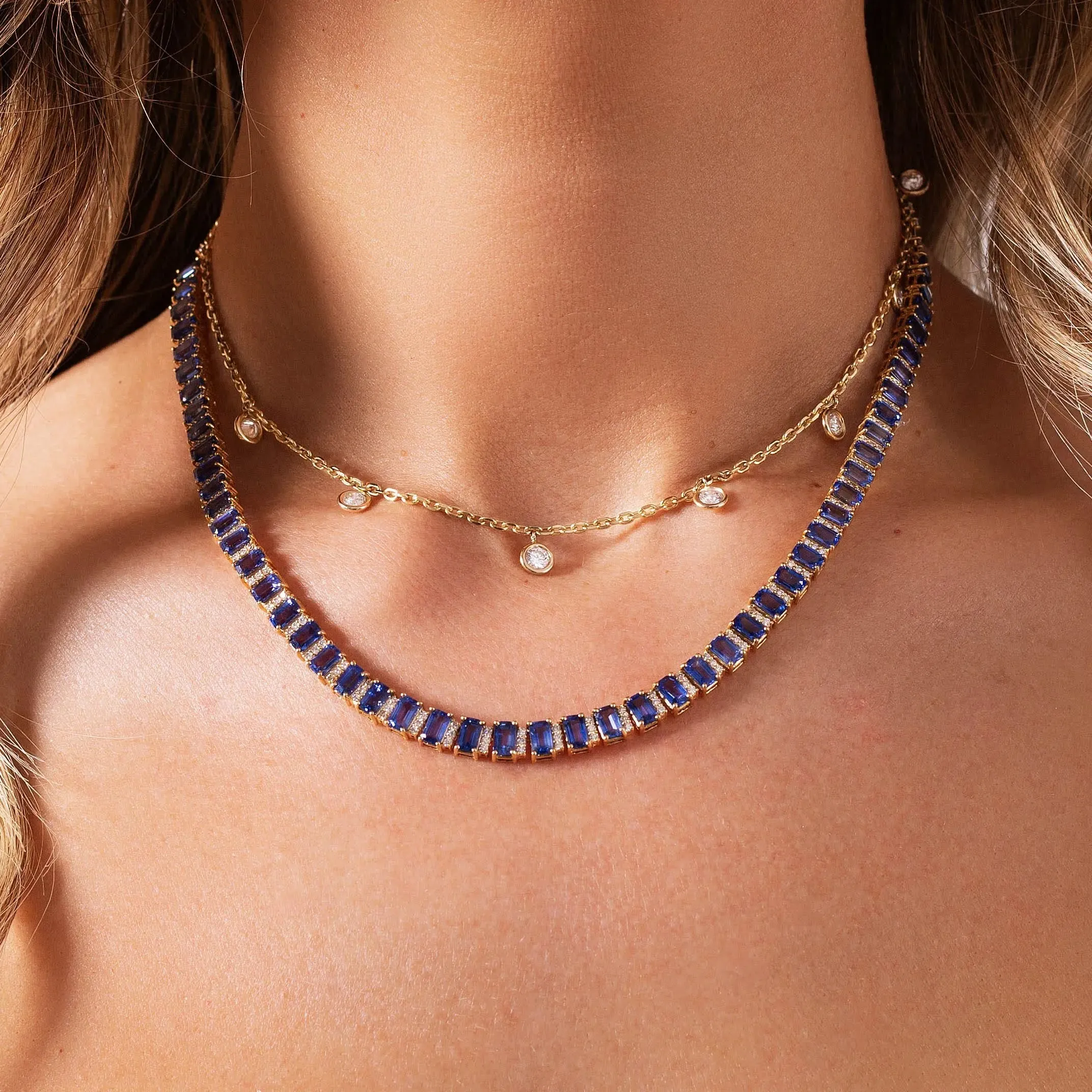 Emerald-Cut Blue Sapphire and Diamond Necklace