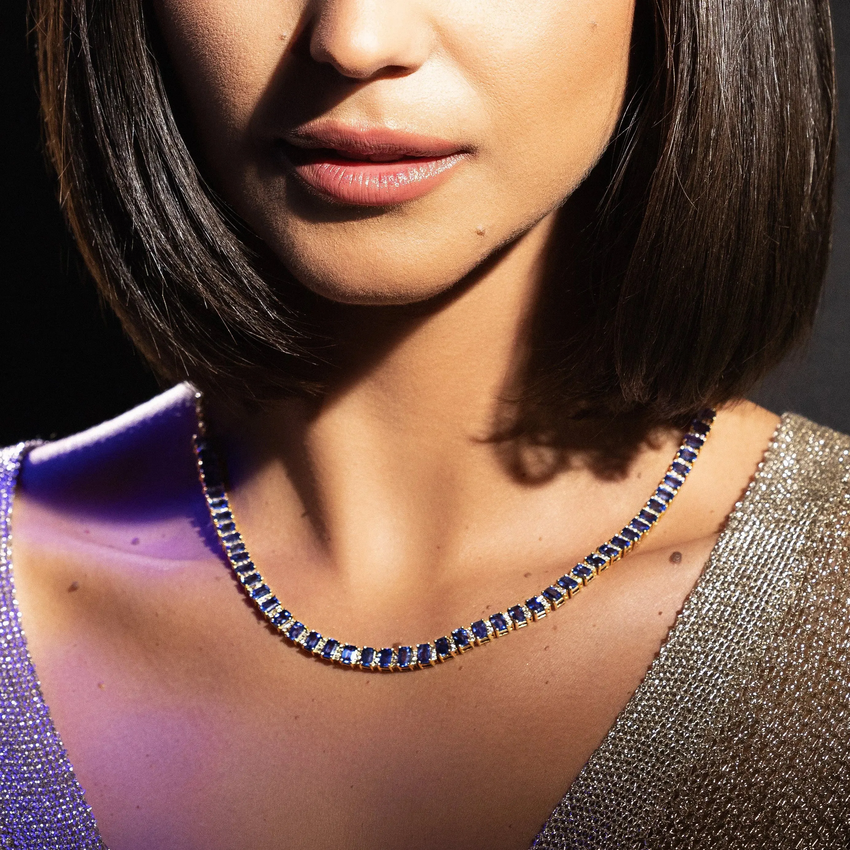 Emerald-Cut Blue Sapphire and Diamond Necklace