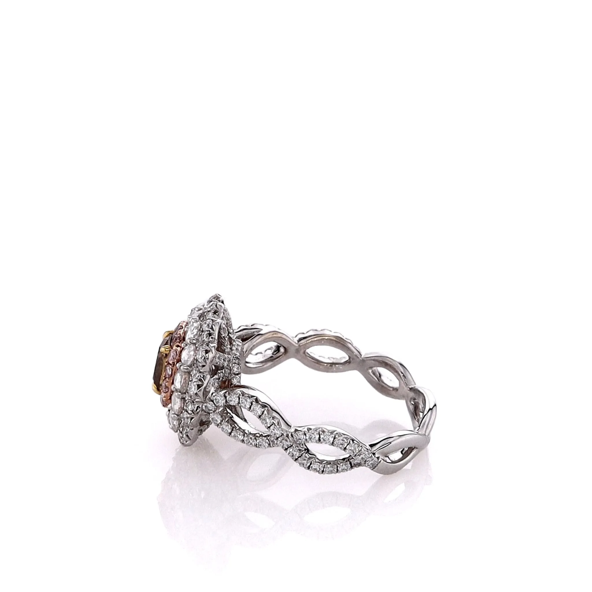 Estate 18k White Gold Brown and Pink Diamond Triple Halo Twist Shank Ring
