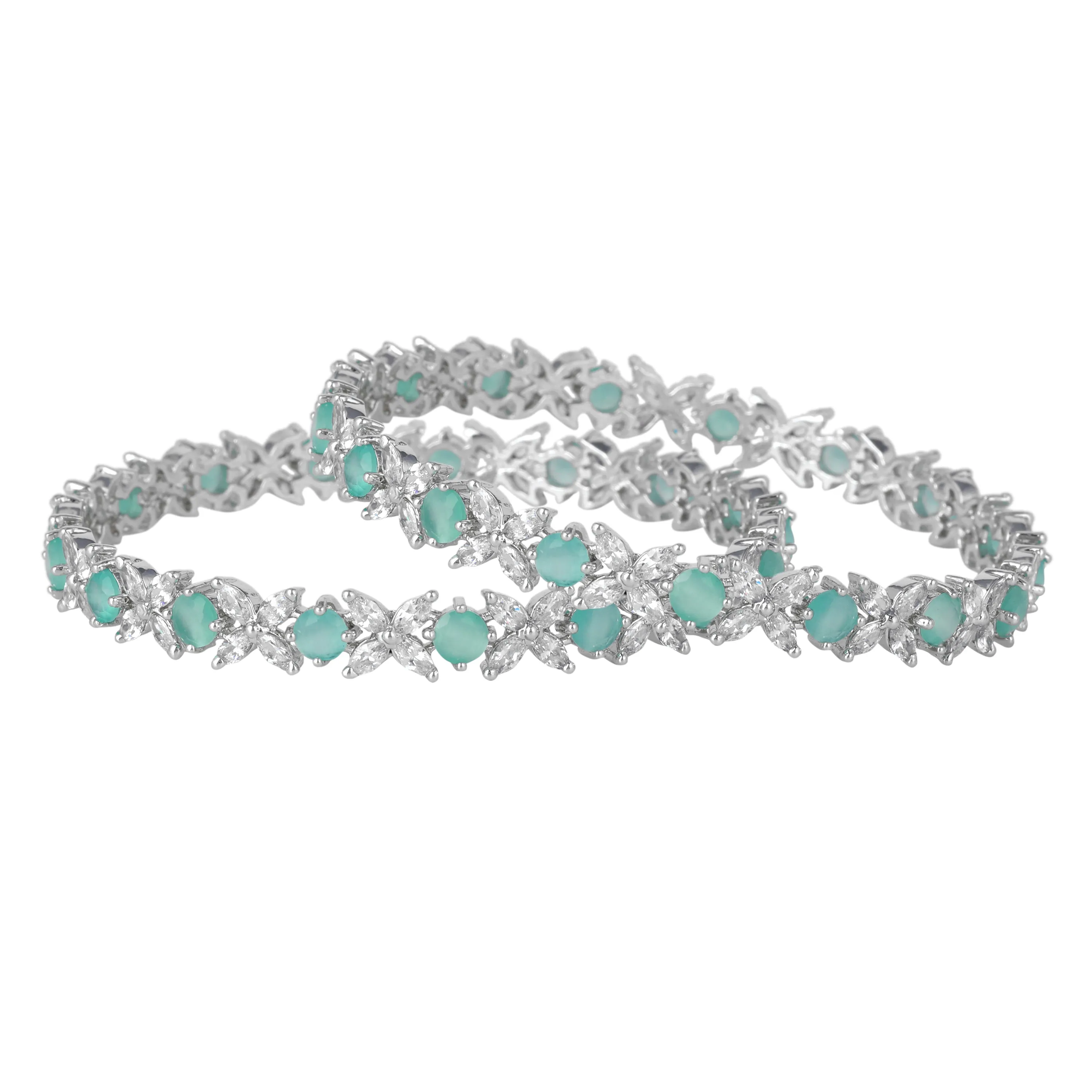 Estele Rhodium Plated Mint Green American Diamond Stylish Floral Bangles| Available in 2:4, 2:6, & 2:8 Sizes | Perfect Fit & Timeless Elegance for Women
