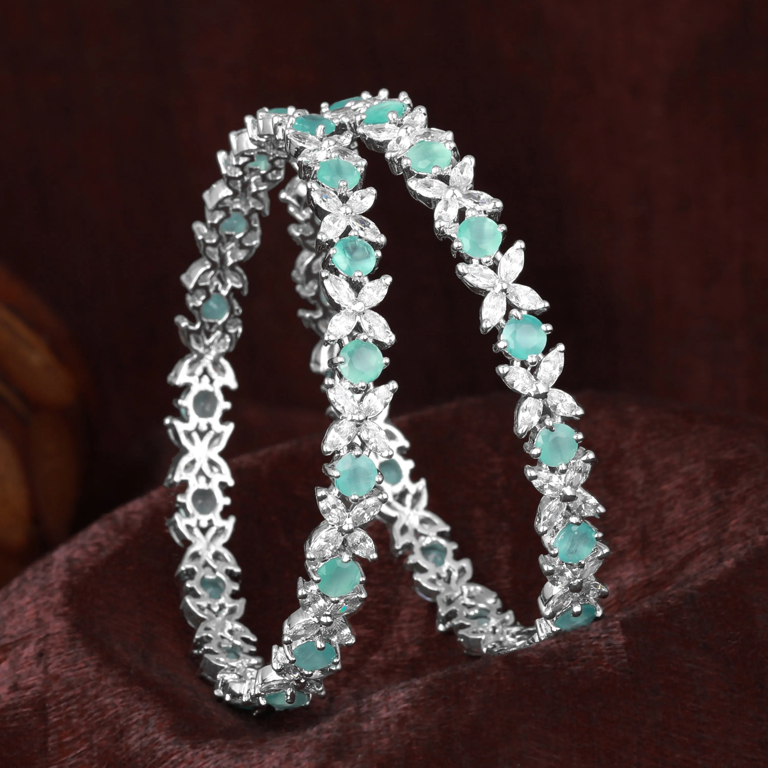 Estele Rhodium Plated Mint Green American Diamond Stylish Floral Bangles| Available in 2:4, 2:6, & 2:8 Sizes | Perfect Fit & Timeless Elegance for Women