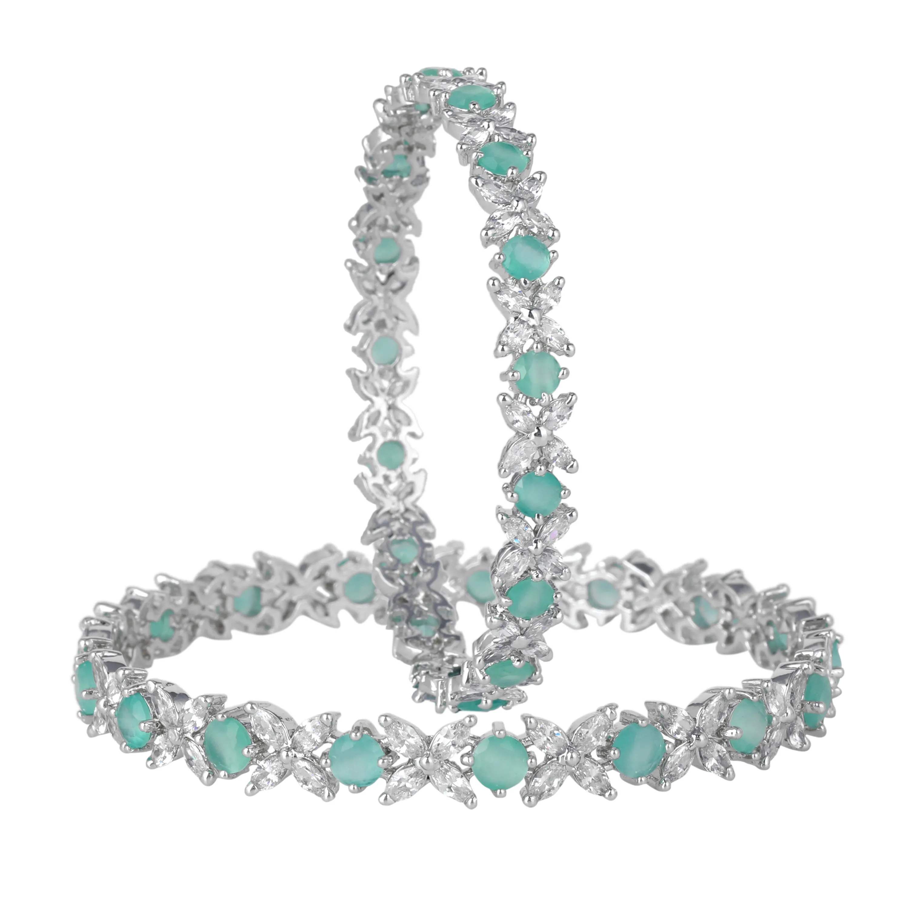 Estele Rhodium Plated Mint Green American Diamond Stylish Floral Bangles| Available in 2:4, 2:6, & 2:8 Sizes | Perfect Fit & Timeless Elegance for Women