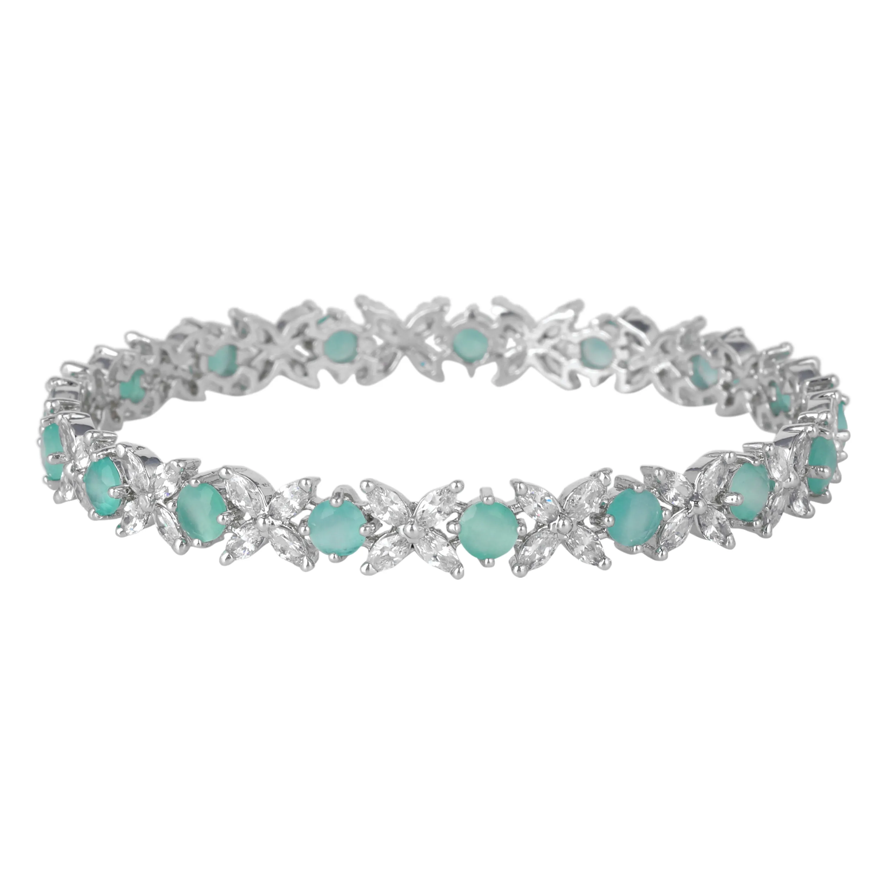 Estele Rhodium Plated Mint Green American Diamond Stylish Floral Bangles| Available in 2:4, 2:6, & 2:8 Sizes | Perfect Fit & Timeless Elegance for Women