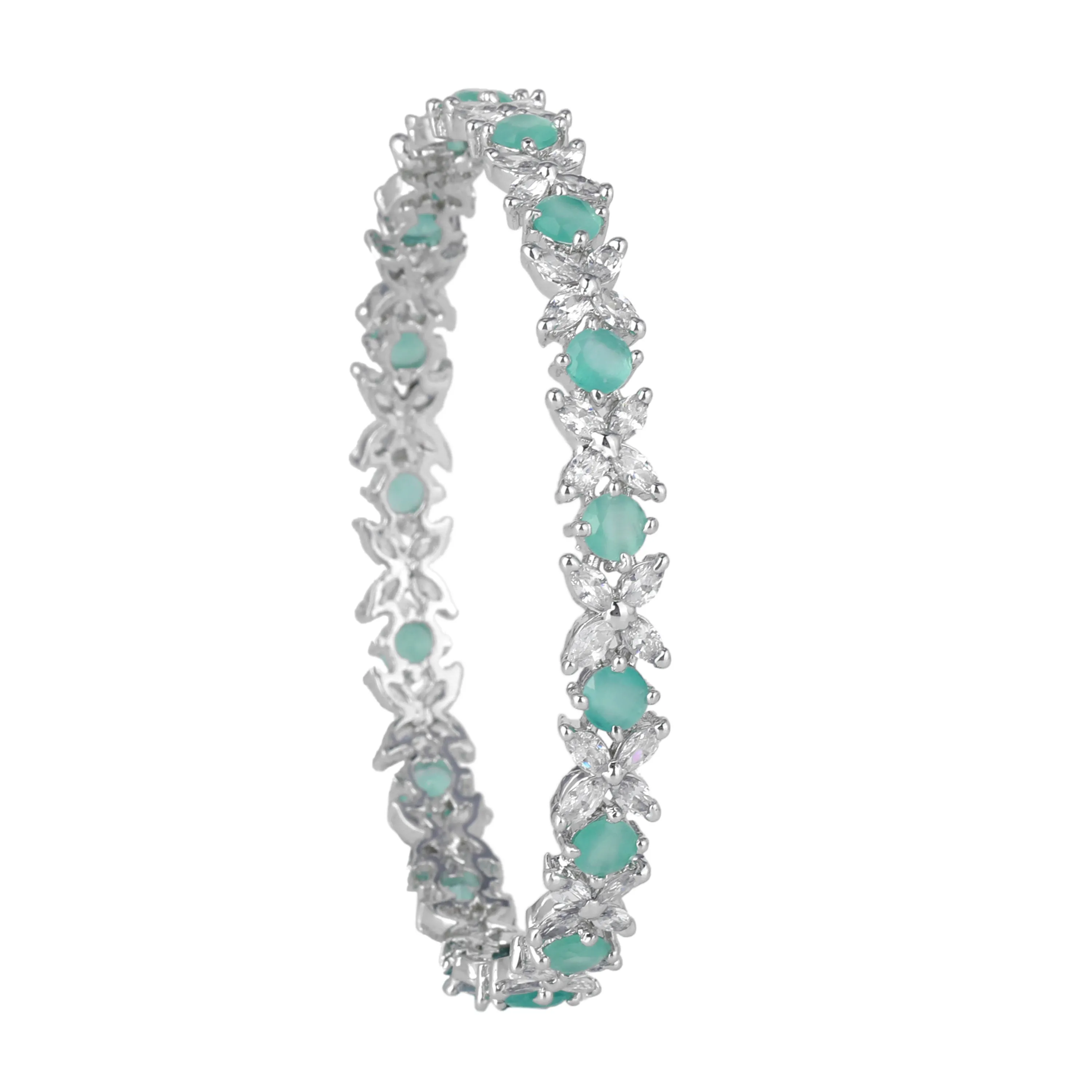 Estele Rhodium Plated Mint Green American Diamond Stylish Floral Bangles| Available in 2:4, 2:6, & 2:8 Sizes | Perfect Fit & Timeless Elegance for Women