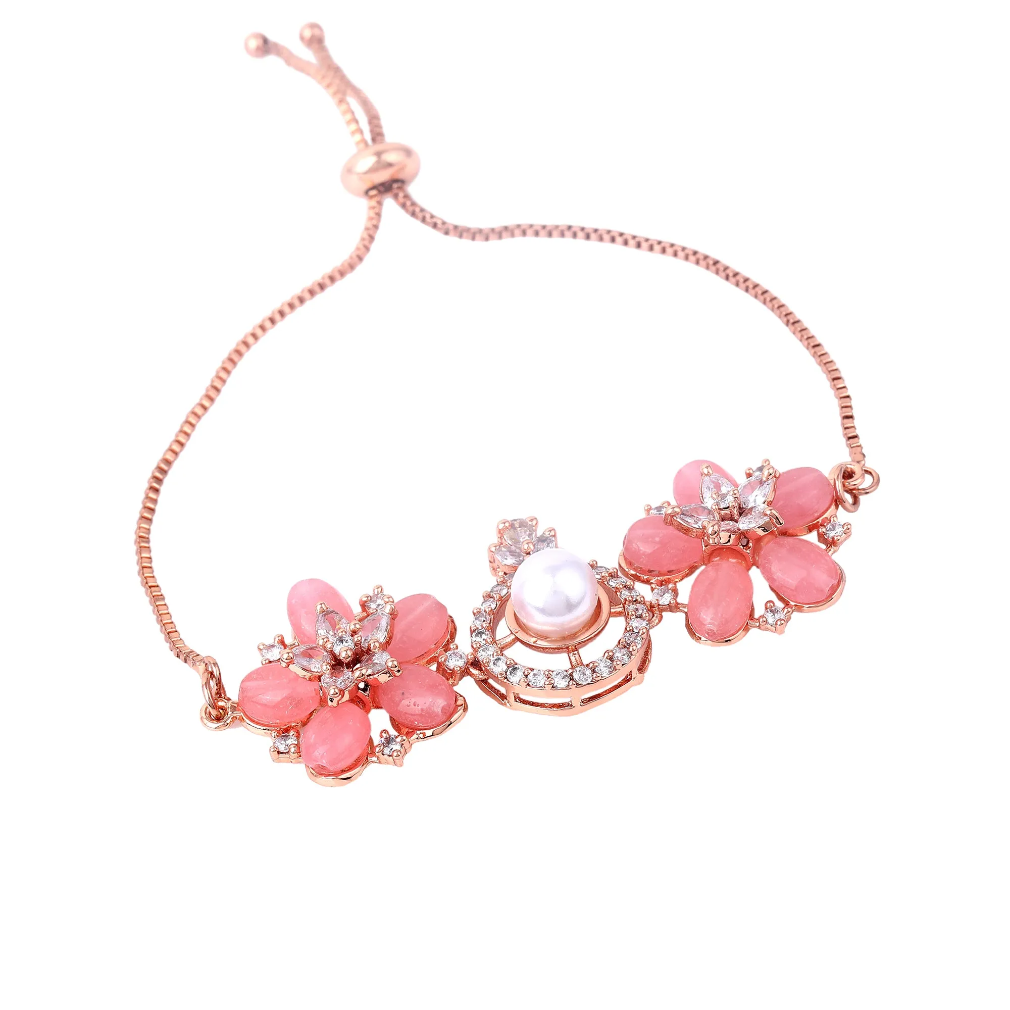 Estele Rosegold Plated Modern Minimlistic Floral Beaded Adjustable Varya Bracelet with Mint Pink Beads for Women