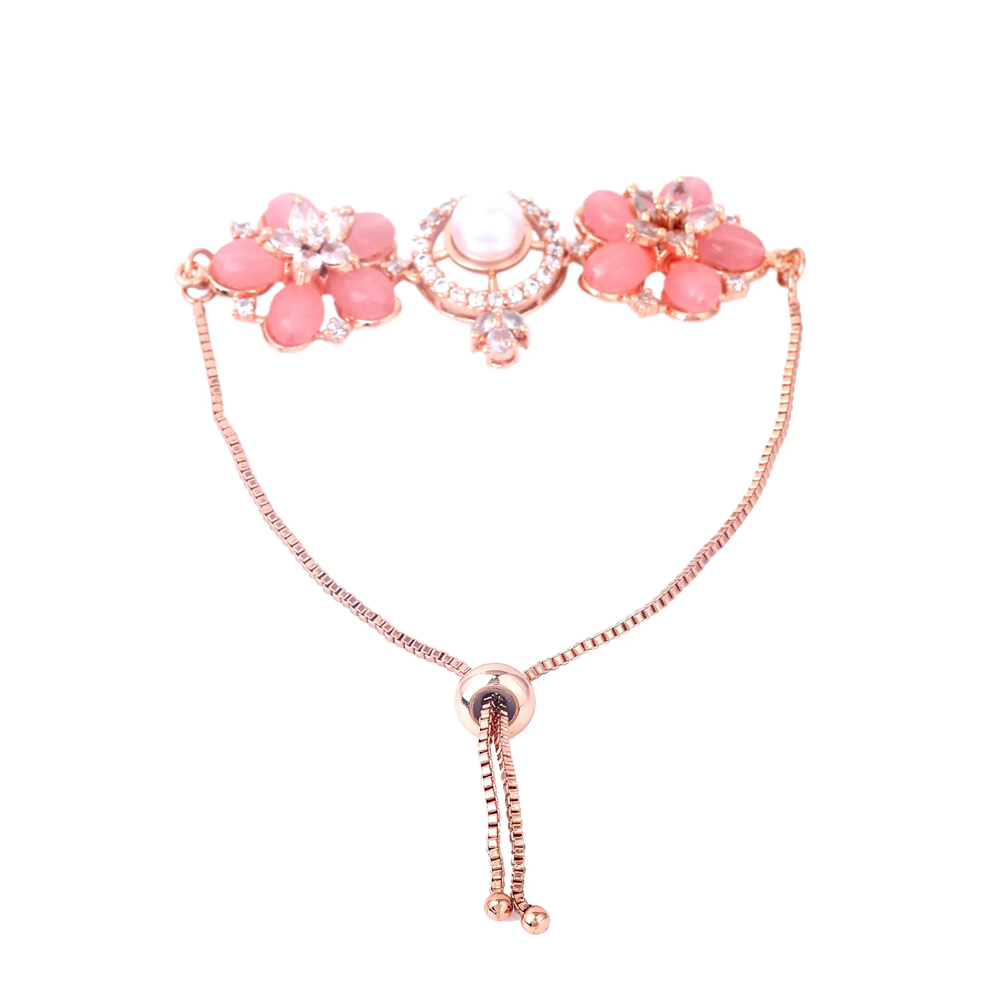 Estele Rosegold Plated Modern Minimlistic Floral Beaded Adjustable Varya Bracelet with Mint Pink Beads for Women
