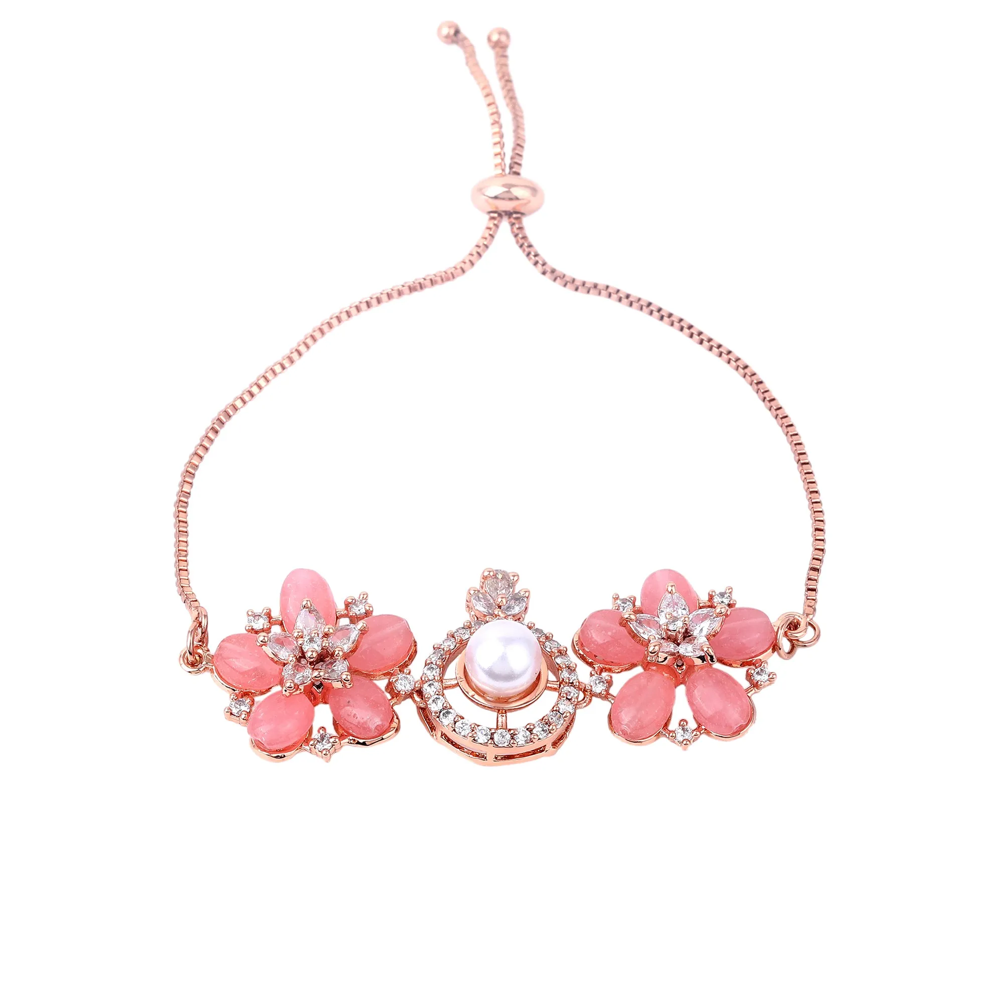 Estele Rosegold Plated Modern Minimlistic Floral Beaded Adjustable Varya Bracelet with Mint Pink Beads for Women