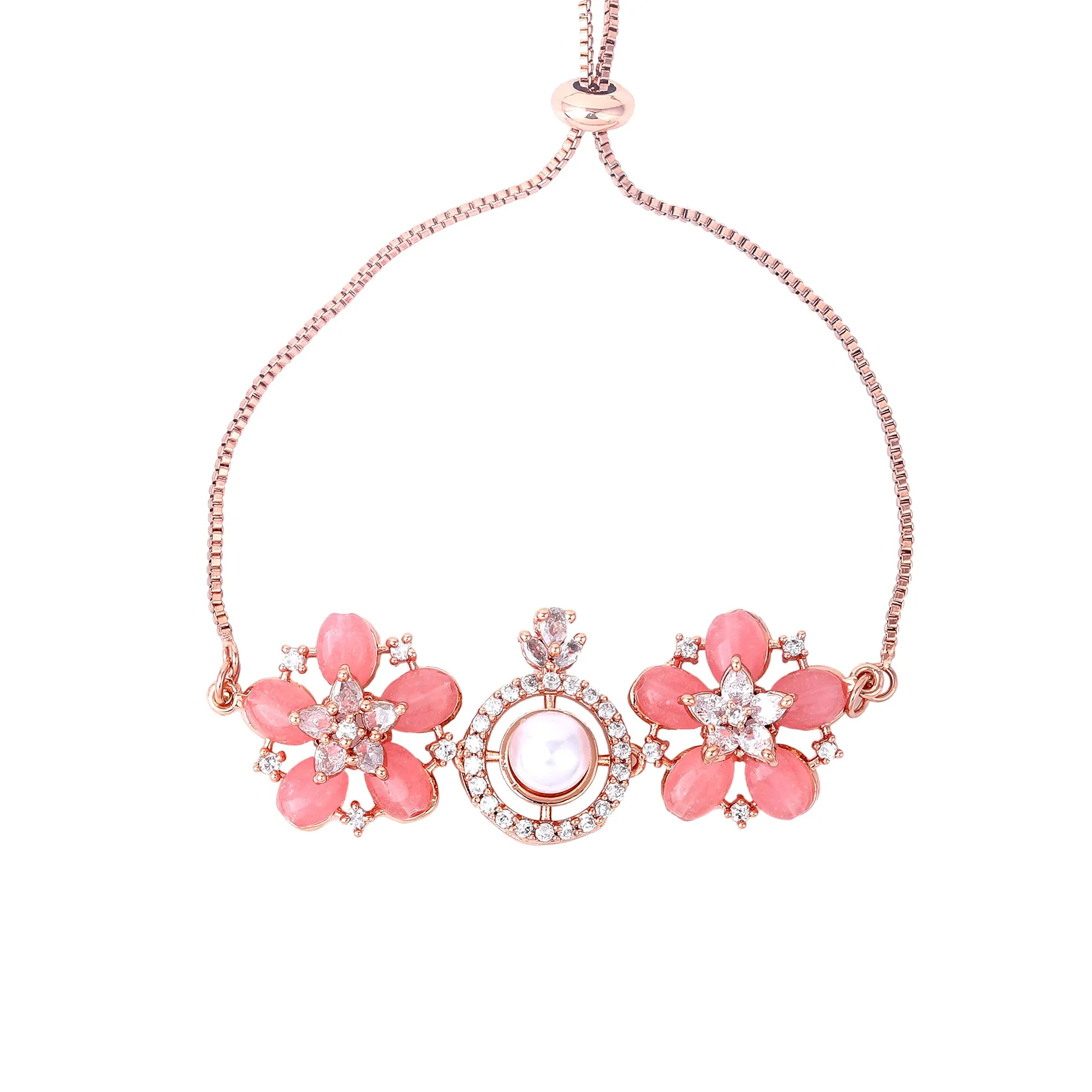Estele Rosegold Plated Modern Minimlistic Floral Beaded Adjustable Varya Bracelet with Mint Pink Beads for Women