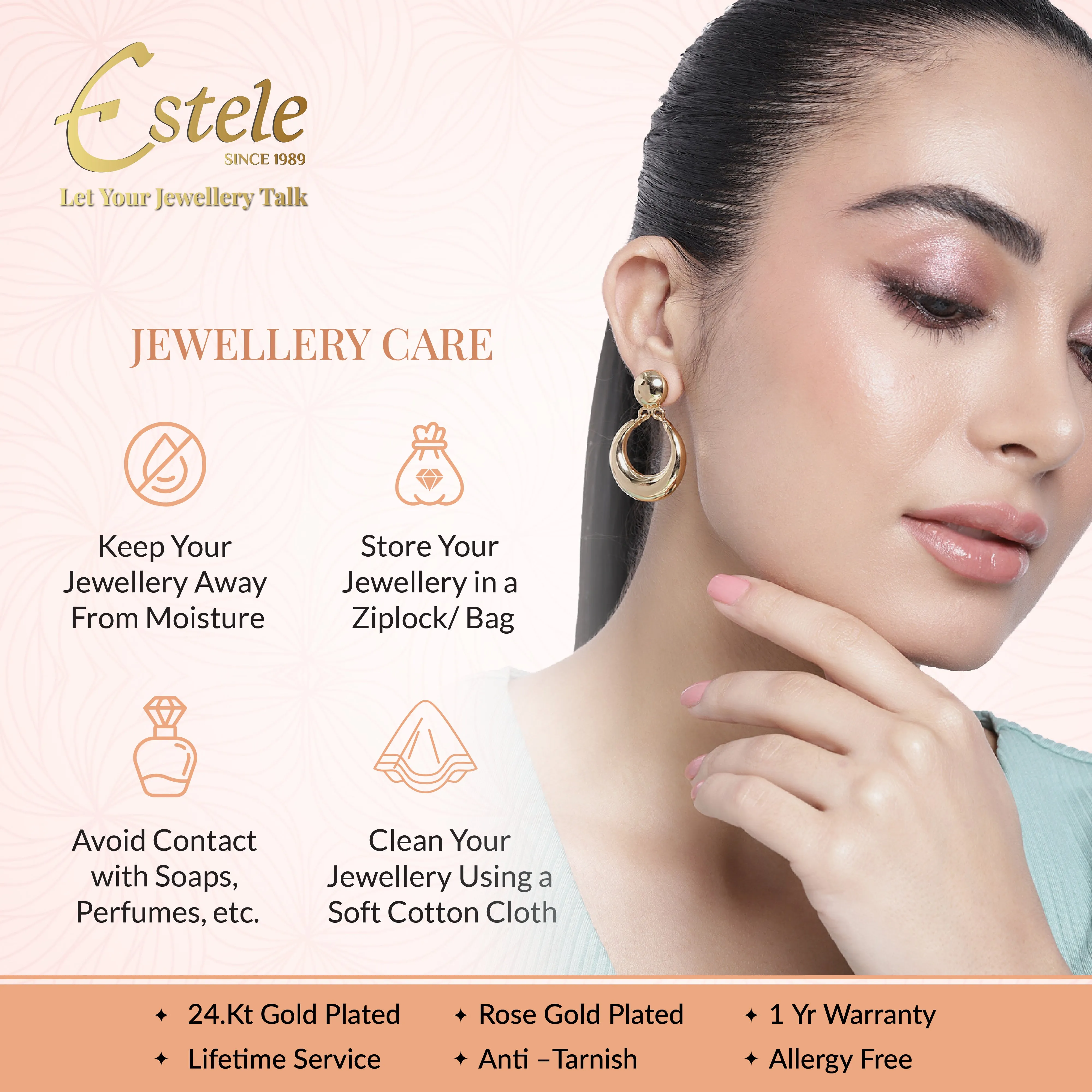 Estele Rosegold Plated Sleek and Lightweight Kada Bracelet with White Radiant American Diamonds|Stunning Jewelry for Women